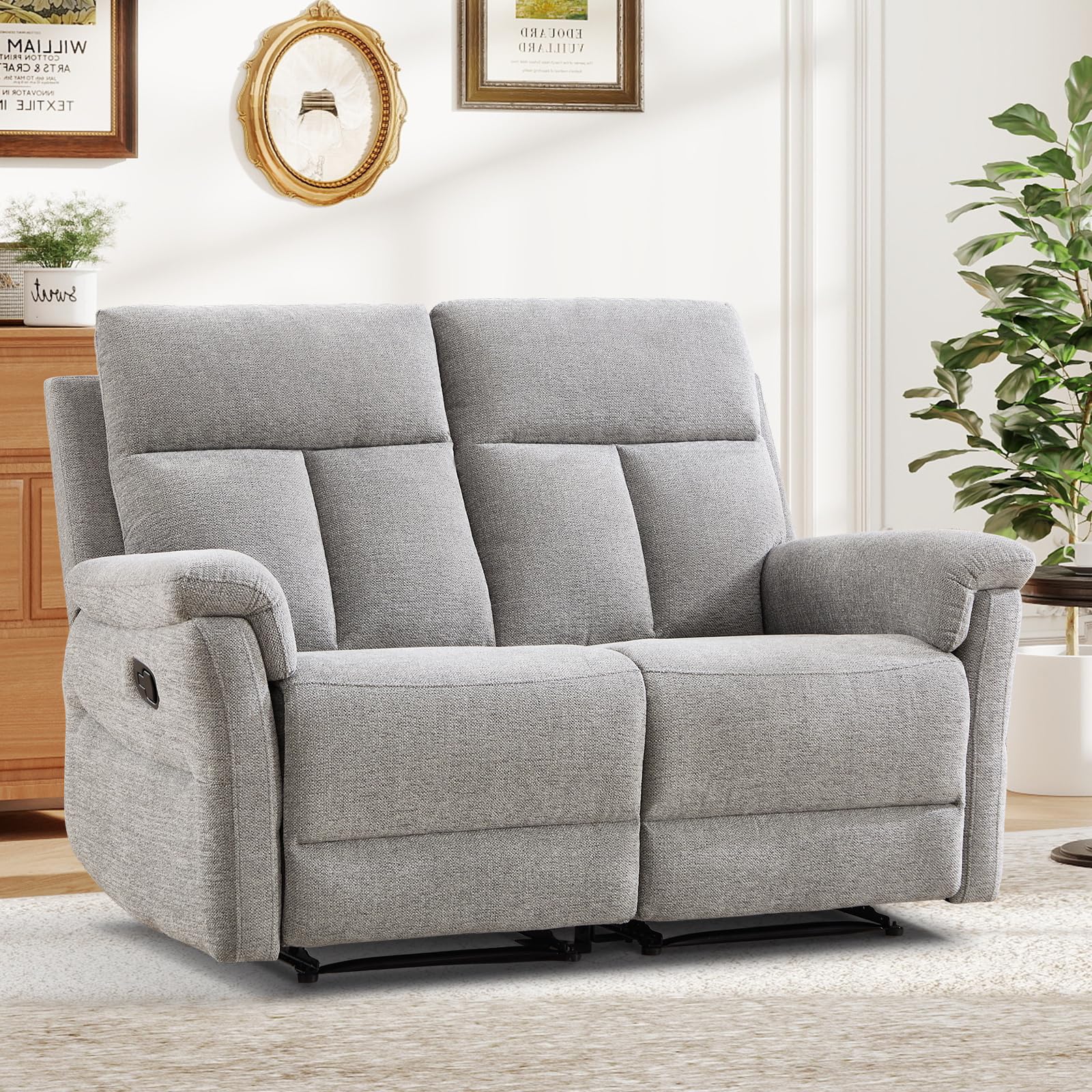 ANJ Manual Reclining Loveseat, 2-Seat Recliner Sofa with Padded Arms and Supportive Backrest, Comfortable Fabric Reclining Couch for Living Room, Light Grey