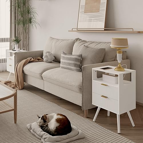 Miniatura 3 de Mesita de noche blanca con estación de carga y luces LED, moderna mesita de noche con 2 cajones de almacenamiento y estante de madera abierta, para