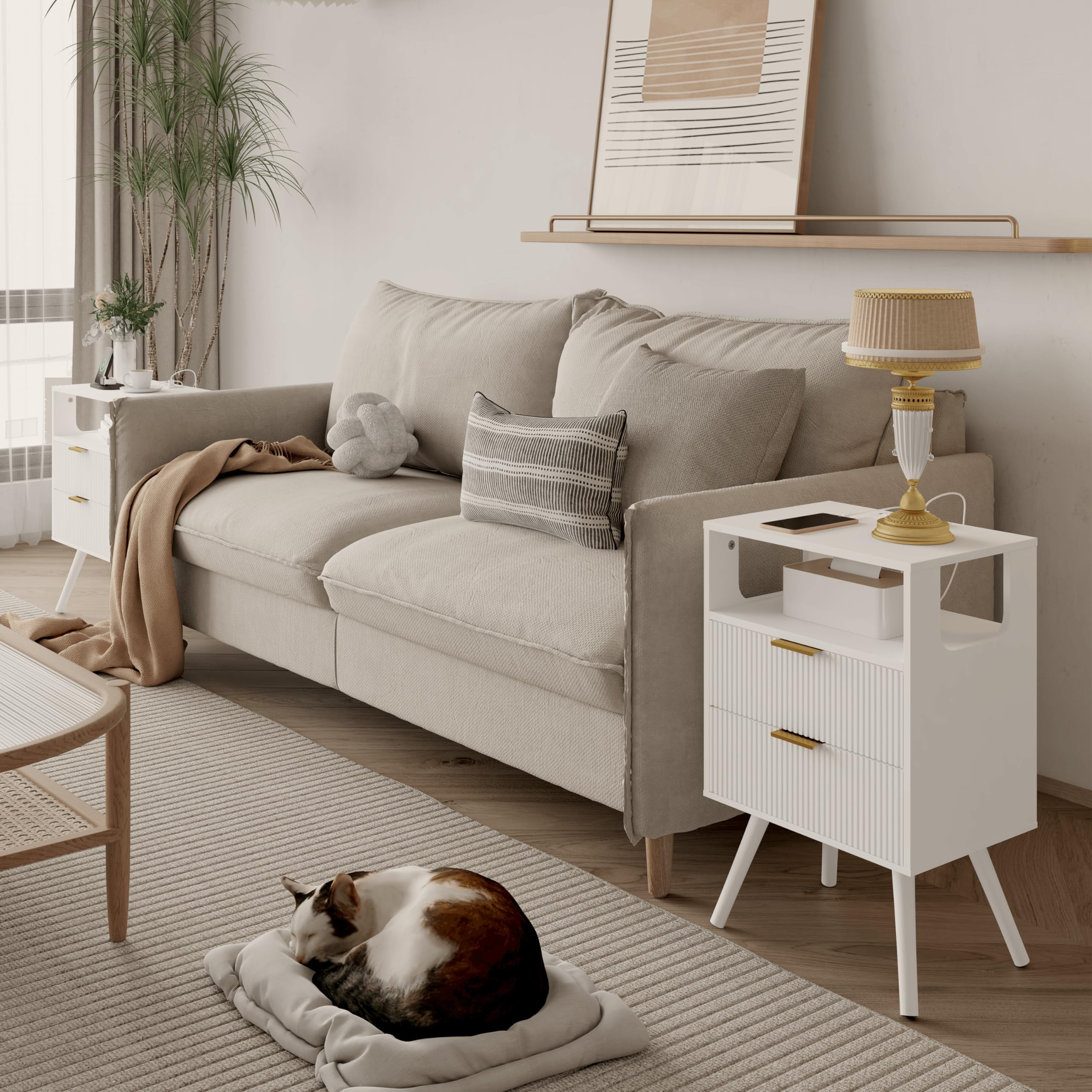 Mesita de noche blanca con estación de carga y luces LED, moderna mesita de noche con 2 cajones de almacenamiento y estante de madera abierta, para dormitorio y espacios pequeños, mesita de 2