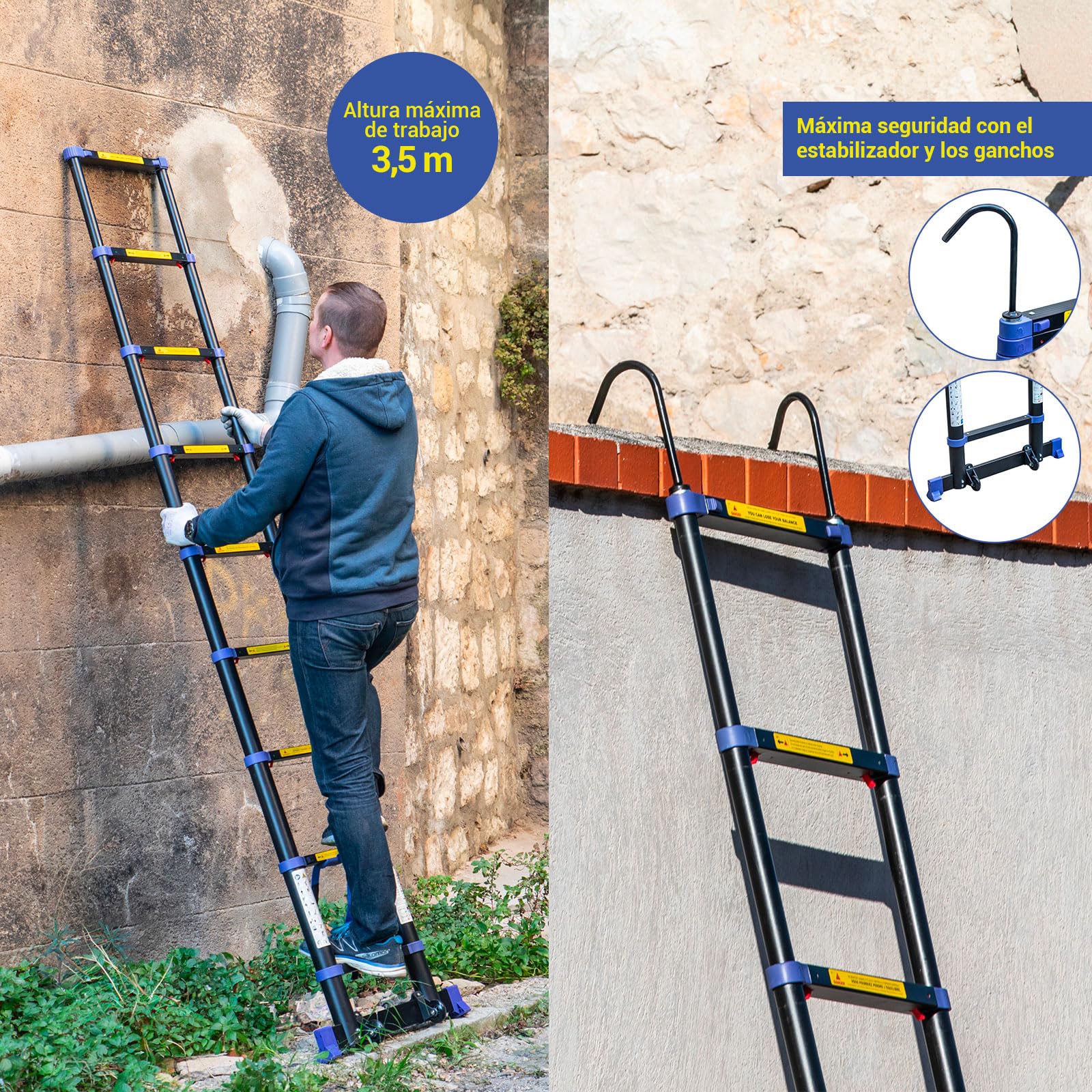 HOSTRÖM Escalera telescópica 2,6m TELESCOVA8+, Aluminio, Plegable, Extensible, Multi-función, Altura de Trabajo máx 3,5m, Ganchos Desmontables, Garantía de 5 años.
