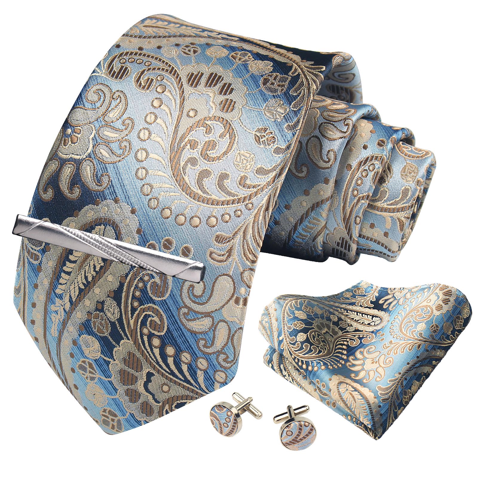 CWKOON Paisley Floral Mens Tie Formal Necktie Pocket Squares Ties Clips Cufflinks Classic for Men Set, Beige Blue, One Size