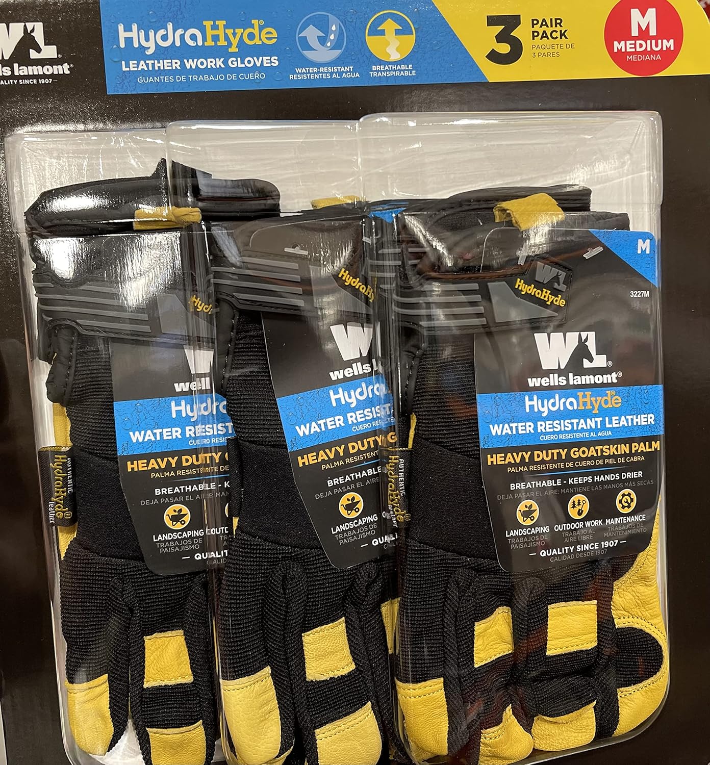 Wells Lamonts Leather Work Gloves Duty Safety Breathable HydraHyde Flexible Water Resistant (Medium) 3 Pack