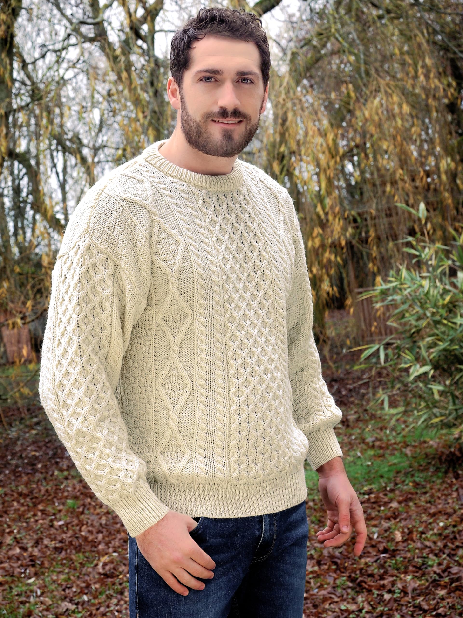 Aran Crafts Irish Soft Cable Knitted Crew Neck Unisex Sweater (100% Pure New Wool)