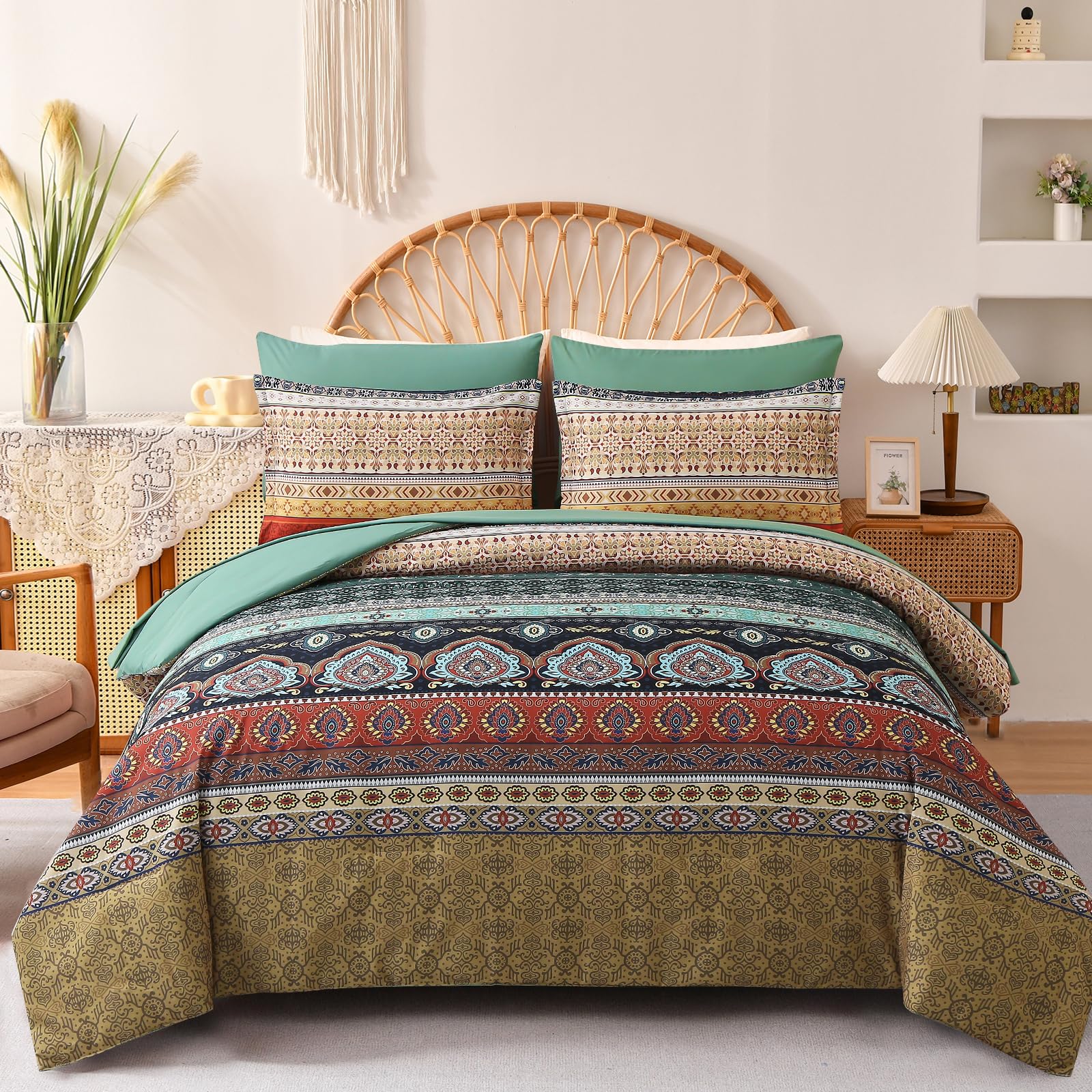 Dinjoy Brown Boho Comforter Set Queen Size 7 Pieces Bed in A Bag Brown Green Bohemian Striped Bedding Set (1 Comforter, 1 Flat Sheet, 1 Fitted Sheet, Pillowcases & Pillow Shams)