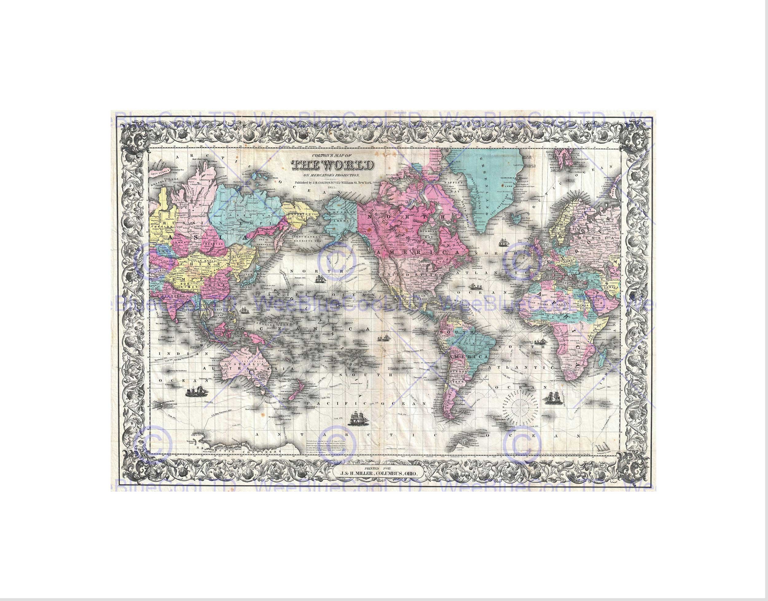 Wee Blue Coo 1852 COLTON MAP THE WORLD ON MERCATOR'S PROJECTION VINTAGE ART PRINT B12X2166
