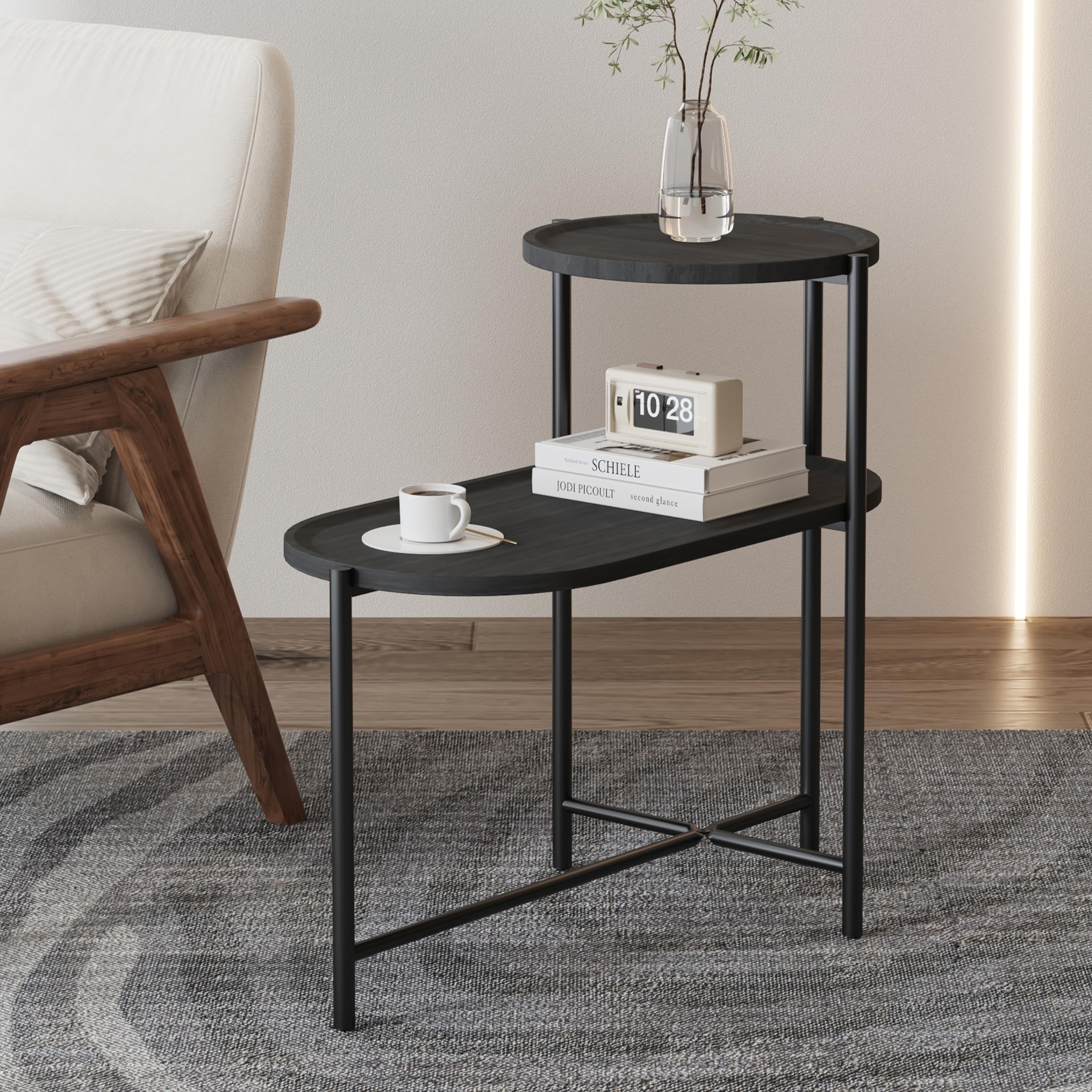 Round Coffee Table with Storage Modern 2-Tier Side Table Black Metal Frame MDF Trays - Living Room End