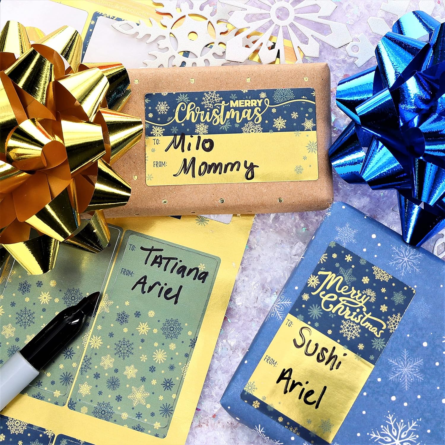 Blue and Gold Foil Christmas Gift Tag Stickers – 75 Labels - Gold Peel and Stick Holiday Gift Wrap Tags – Blue Snowflake Themed Self Adhesive Gold Foil Stickers : Health & Household