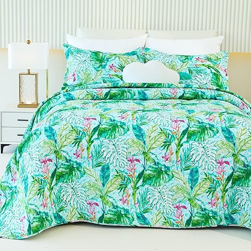 EVENHUG Juego de edredón de algodón tamaño Queen, reversible, suave, cepillado, ligero, floral, acolchado, 1 edredón con 2 fundas de almohada (hoja,