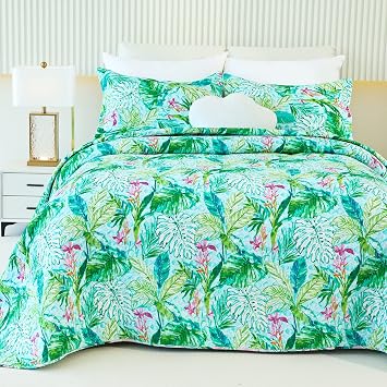 EVENHUG Cotton Quilt Set Queen Floral Reversible Bedspread Set Soft Brushed Bed Cover Lightweight Floral Quilted Bedding Set 1 Quilt with 2 Pillow Shams Leaf, King
