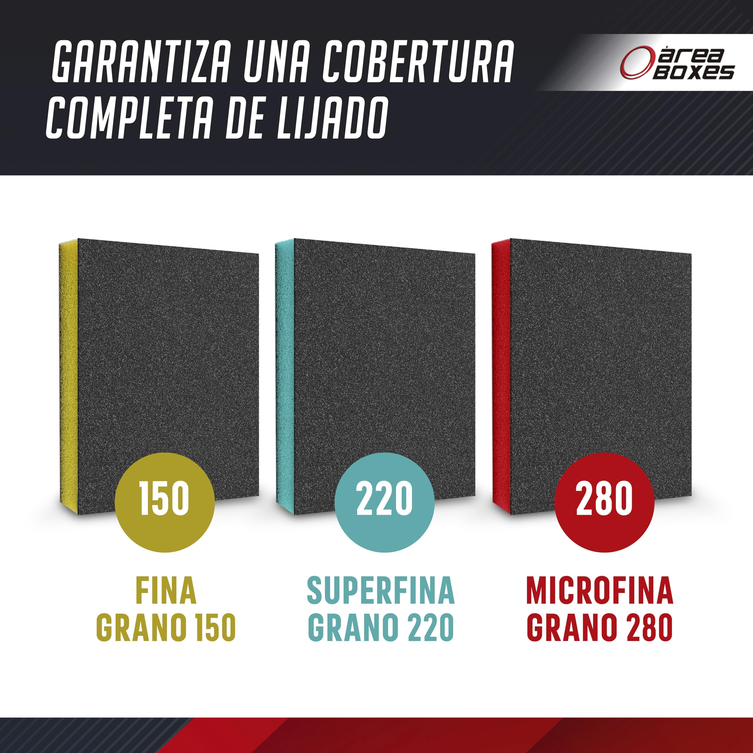 AREABOXES Esponjas de Lijado Abrasiva 21 Unidades [7 Fina 150, 7 SuperFina 220 y 7 MicroFina 280] para Lijado en Seco y Humedo, Todas Las Superficies, Doble Cara, Larga Duracion — view 6