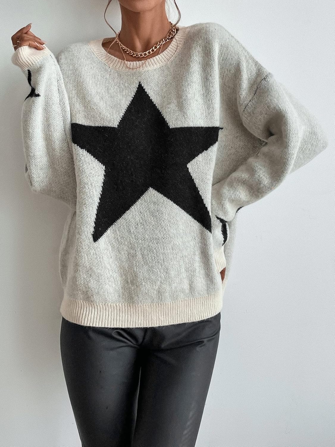Women's Sweater Drop Shoulder Star Pattern Sweater Sweater for Women (Size : Medium)