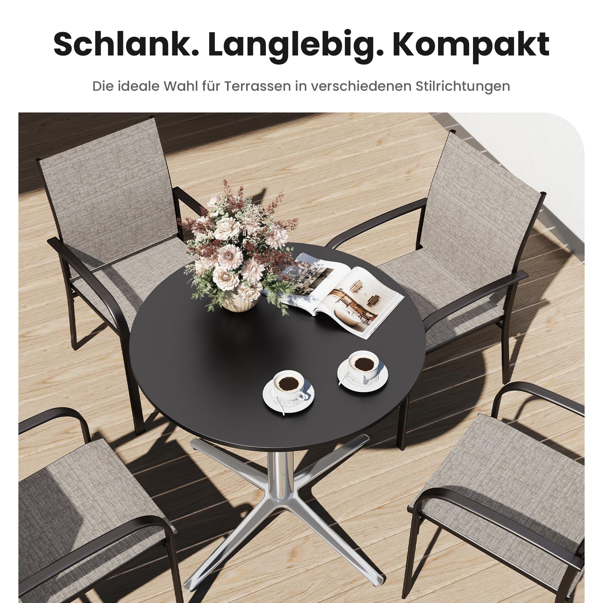 PHI VILLA 2in1 Bistrotisch Rund Wetterfest Esstisch Kleiner Multifunktionstisch für Taverne Garten Balkon Küchen Tisch Ø76x74,5 cm Schwarz