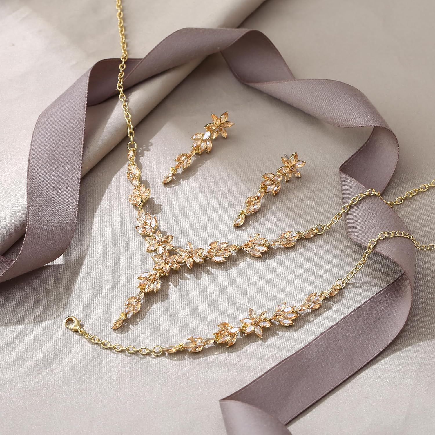 EVER FAITH Wedding Jewelry for Bride Bridesmaid, Stunning Rhinestone Crystal Flower Costume Prom Y-Shaped Necklace Dangle Earrings Bracelet Sets for Women - Image 4