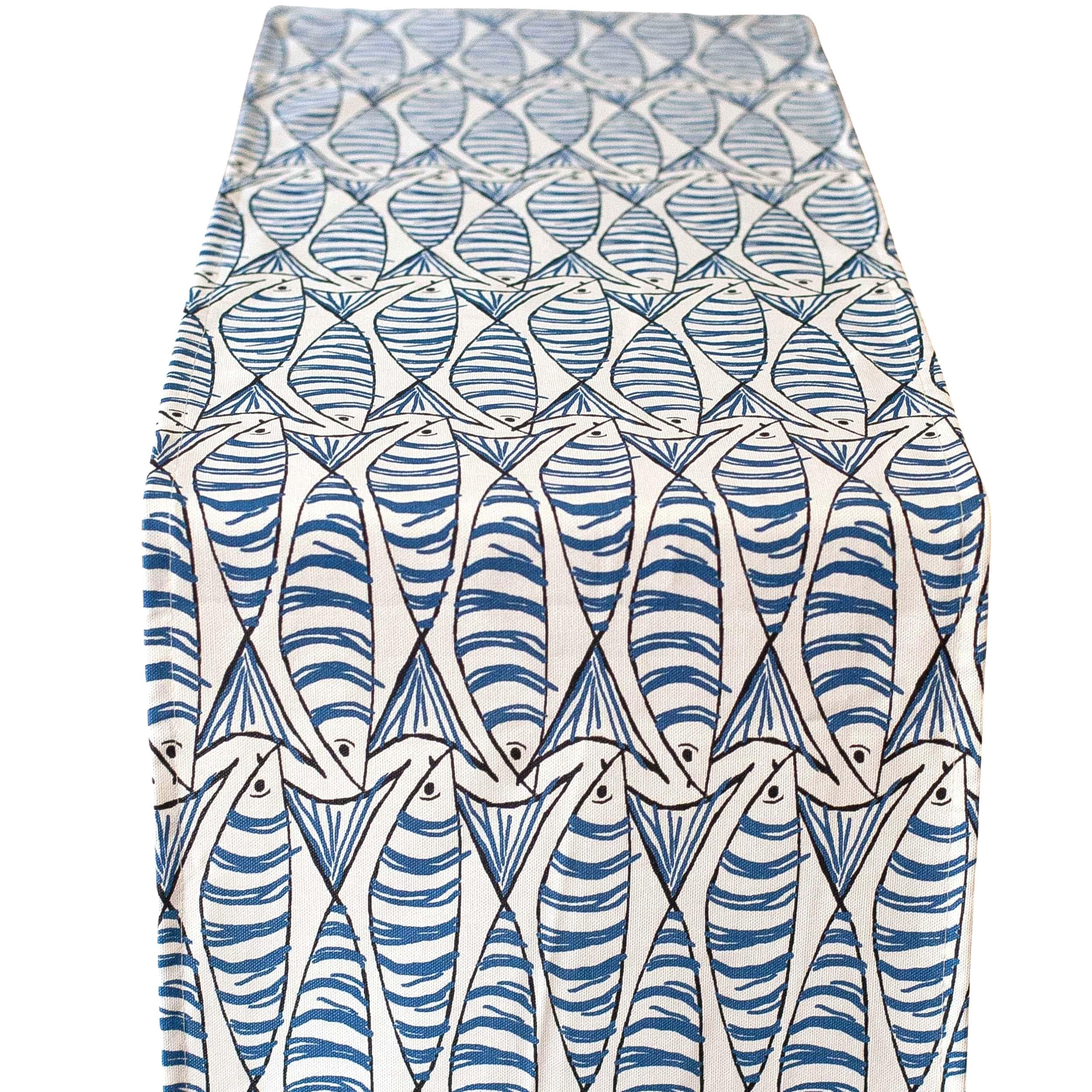 Seaside Sardine Table Runner in Marine Blue and Seafoam White. Cottagecore Shabby Chic Style. Available in Two Sizes (30cm x 180cm)