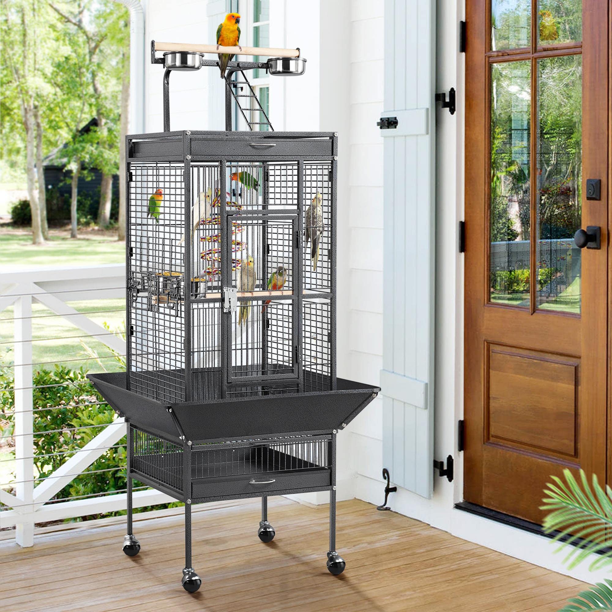 Yaheetech Jaula para Pájaros Jaulas Grandes para Canarios Loros Jaula Metal Grande 64 x 64 x 157 cm Negro