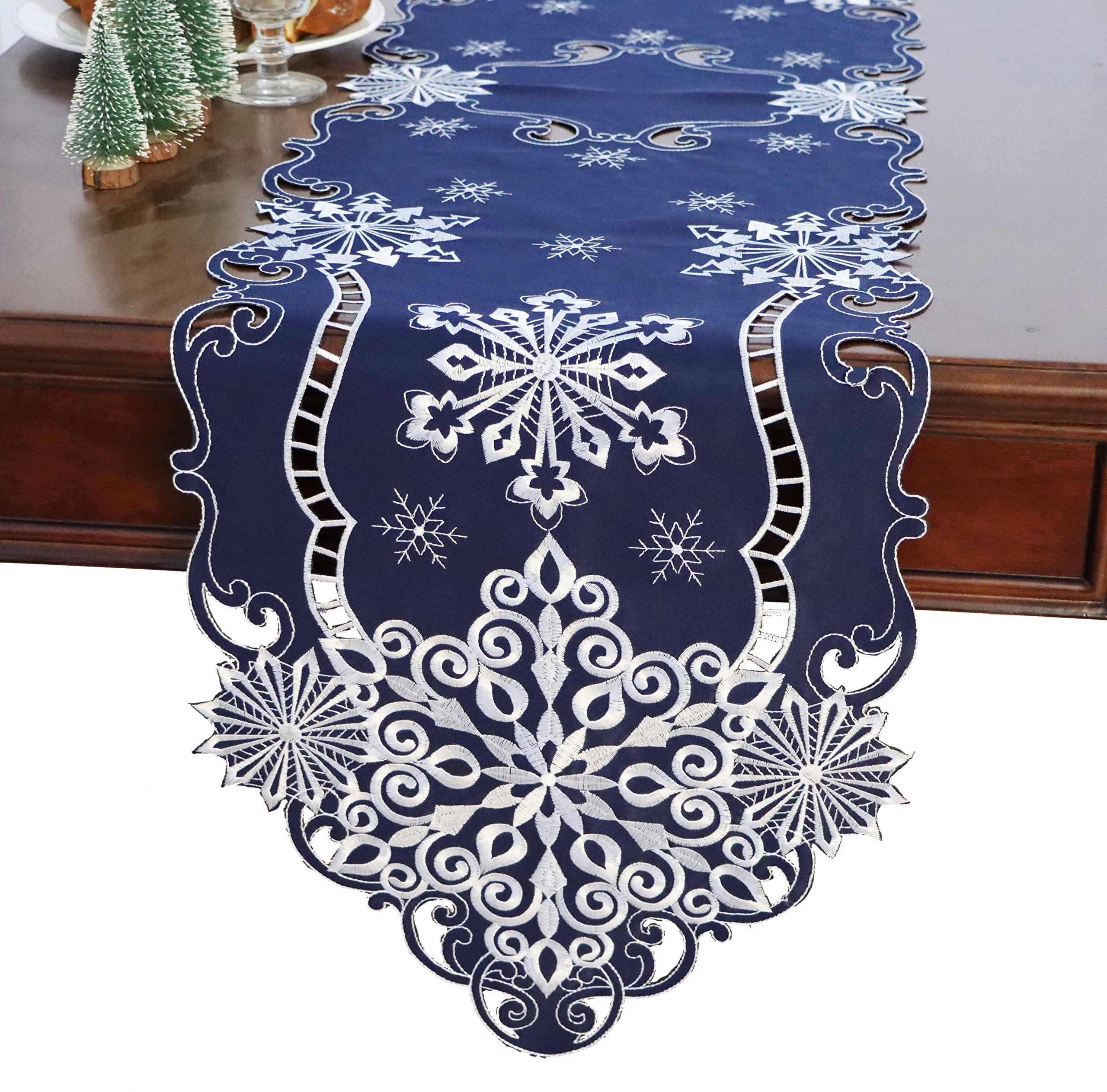 CloudSunDeco Christmas Snowflakes Table Runners for Indoor Outdoor Holiday Xmas Party Home Kitchen Dinner Topper Decoration,Embroidered Cutwork Winter Runners,14 by 68 inches,Dark Blue, (TR-01)