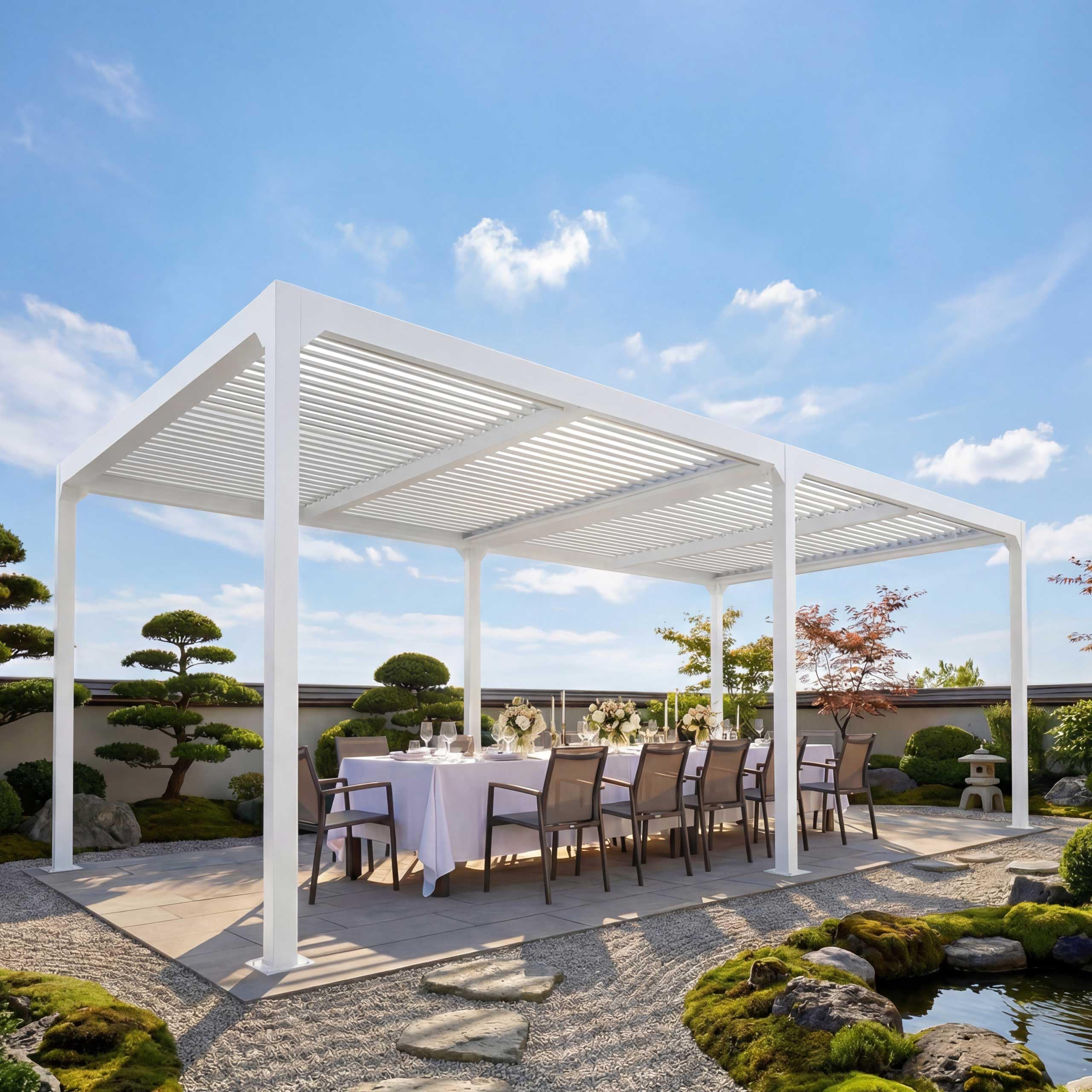 Pérgola cenador de aluminio Mendler, 3 x 6 m, techo de lamas ajustable, estructura robusta de metal de 8 cm, blanco