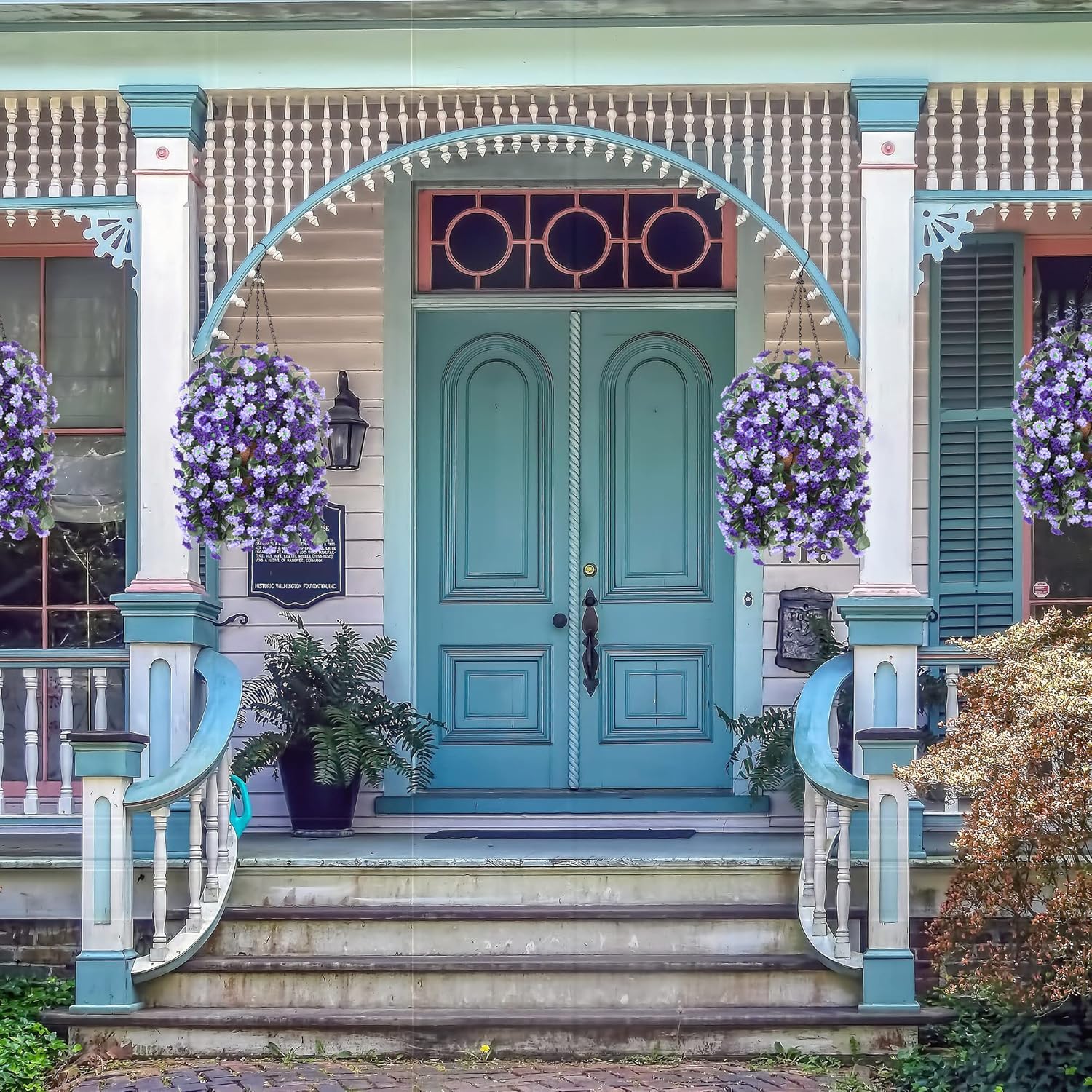 Artificial Flowers in Hanging Basket for Outdoors Spring Decor, Fake Mums Flowers Faux Plants with Basket for Indoors Home Porch Garden Yard Patio Decoration (Deep Purple) - Image 4