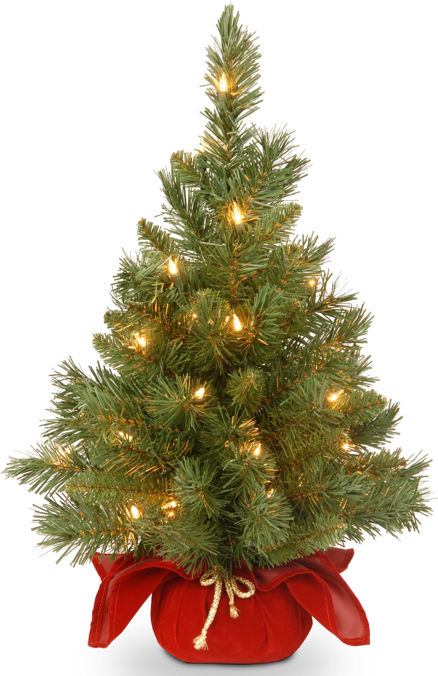 National Tree Company 24 in Pre-Lit Majestic Fir Mini Artificial Christmas Tree, 35 Clear Lights, 71 Tips, Red Cloth Base, Green