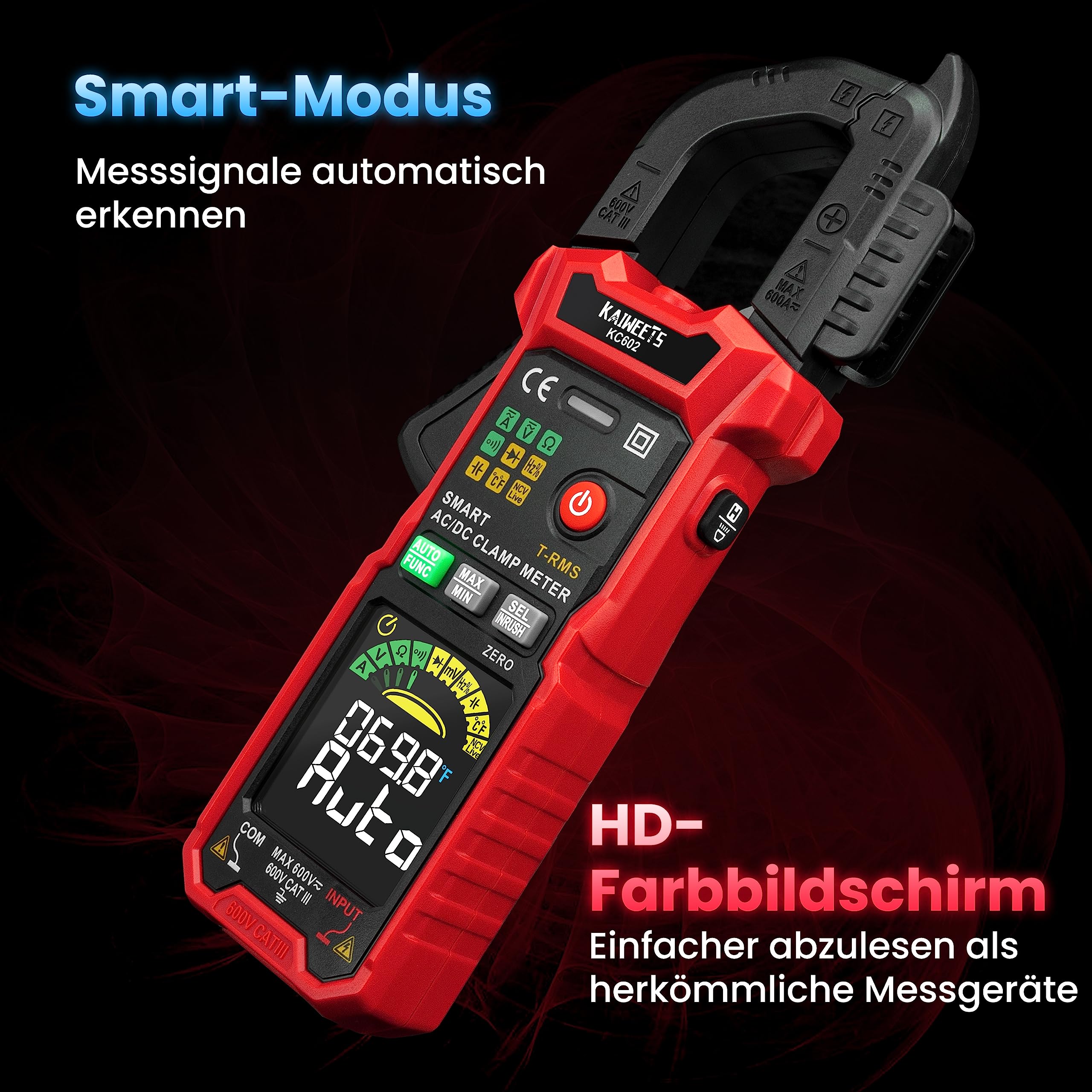 KAIWEETS KC602 Intelligente Stromzange, Strommessgerät AC/DC-Strom:0-600A, Zangenmultimeter mit Automatischer Kalibrierung, True-RMS 6000 Zählungen Auto-Ranging, misst Spannung Kapazität Durchgang.