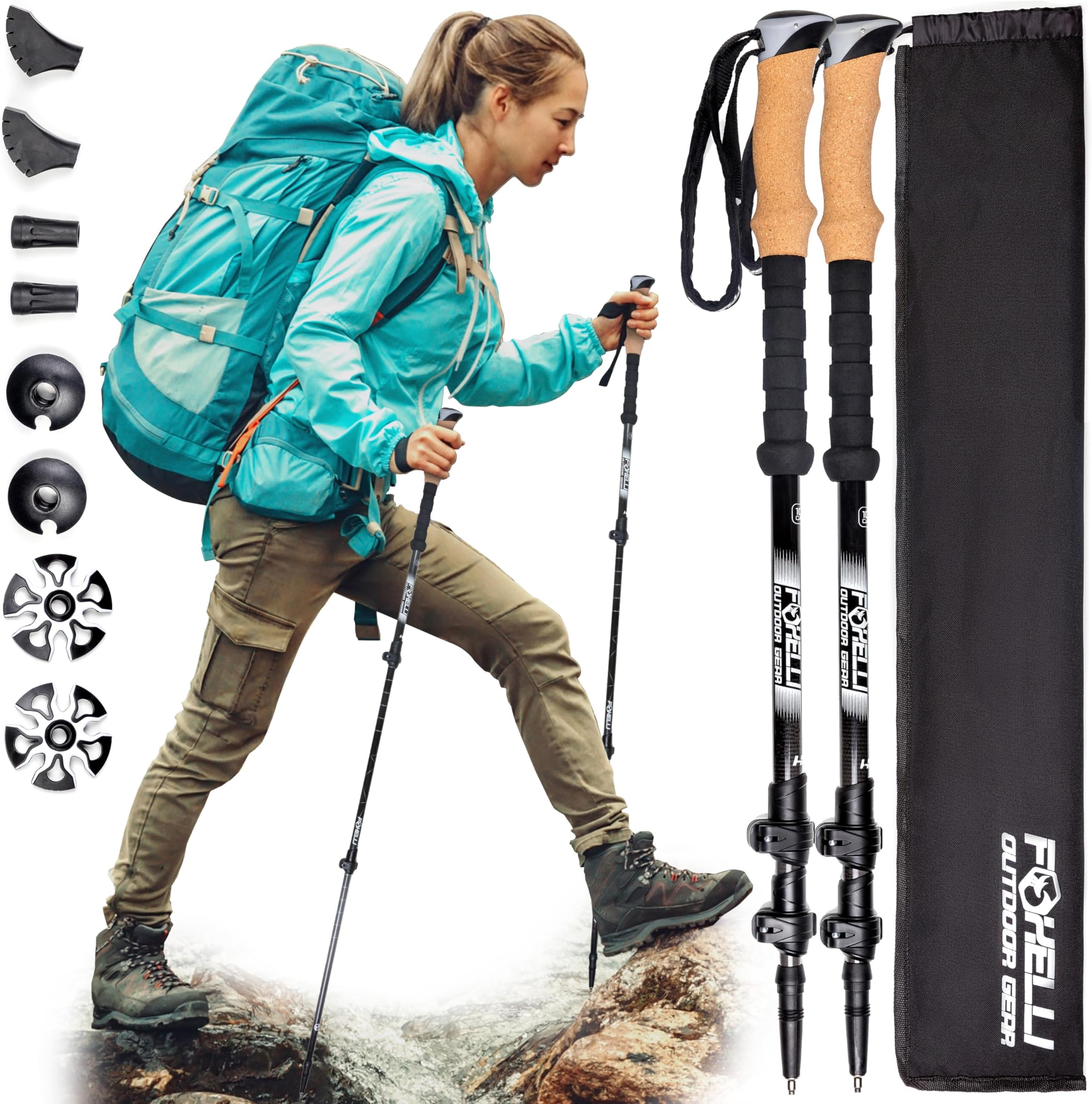 Foxelli Carbon Fiber Walking Poles – Lightweight Collapsible Hiking Poles with Cork Grips, Quick Flip Locks & All-Terrain Accessories – Adjustable Height Hiking Sticks for Men & Women