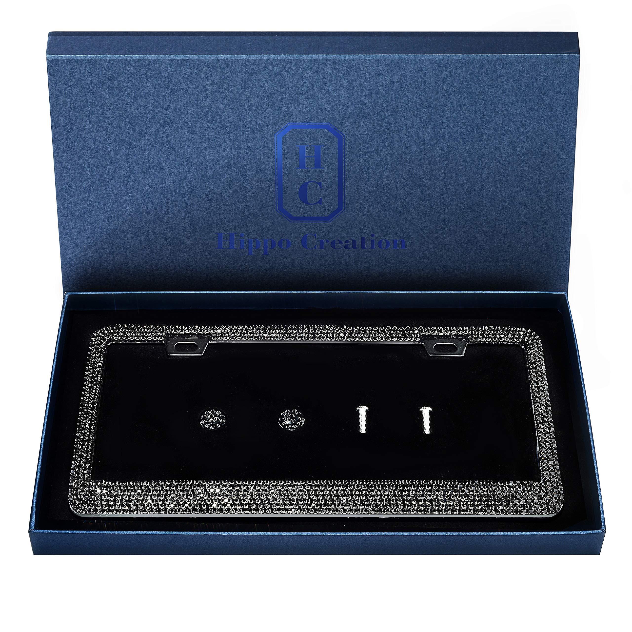 1 Pack Black Prong Setting Luxury Handcrafted Bling License Plate Frame with GiftBox | Over 1000 pcs Finest 14 Facets Black Rhinestone Crystals | Perfect Car Accessories for All Standard Plate Size