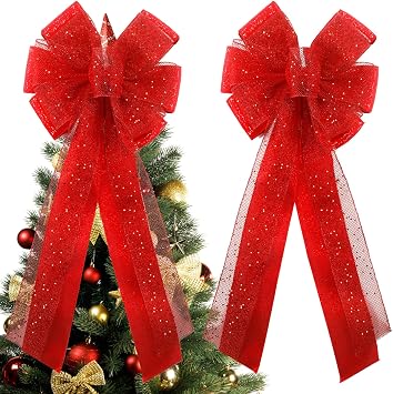 Giant Red Christmas Bows 14.5"x31.5" - 3D Multi-Glitter Mesh Style, Outdoor-Friendly for Wreaths & Trees, Timeless Red Look to Boost Holiday Vibe, Long-Lasting Quality Red 2, 2 Pcs