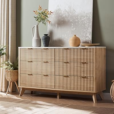 T4TREAM Fluted 6 Drawers Dresser, 54" Wide Modern Chest of Drawers with Faux Marble Top, Curved Profile Design, Dresser TV Stand, Wood Drawer Organizer for Bedroom, Living Room, Hallway, Natural Oak