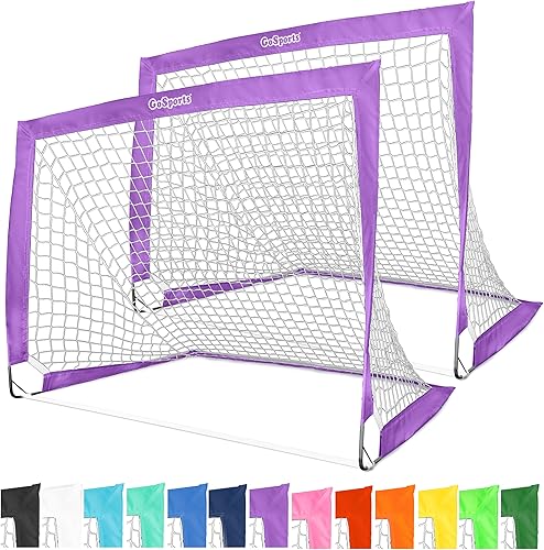 GoSports Porterías de fútbol portátiles de 4 x 3 pies para niños, 13 colores, juego de 2 redes desplegables de tono de equipo para patio trasero