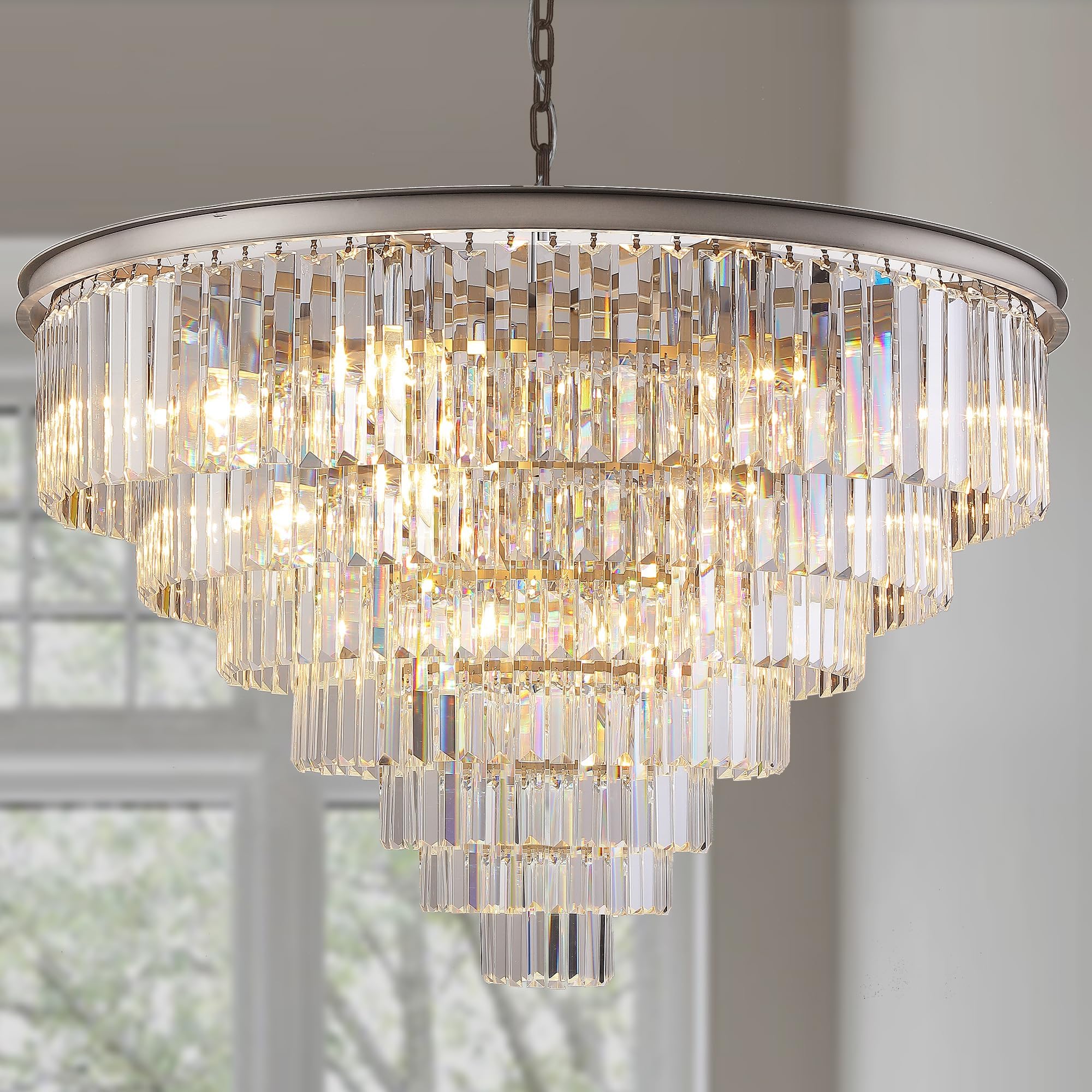 Nickle Crystal Chandelier Modern Chandeliers Lighting Pendant Ceiling Light Fixture 7-Tier for Dining Living Room Kitchen W39