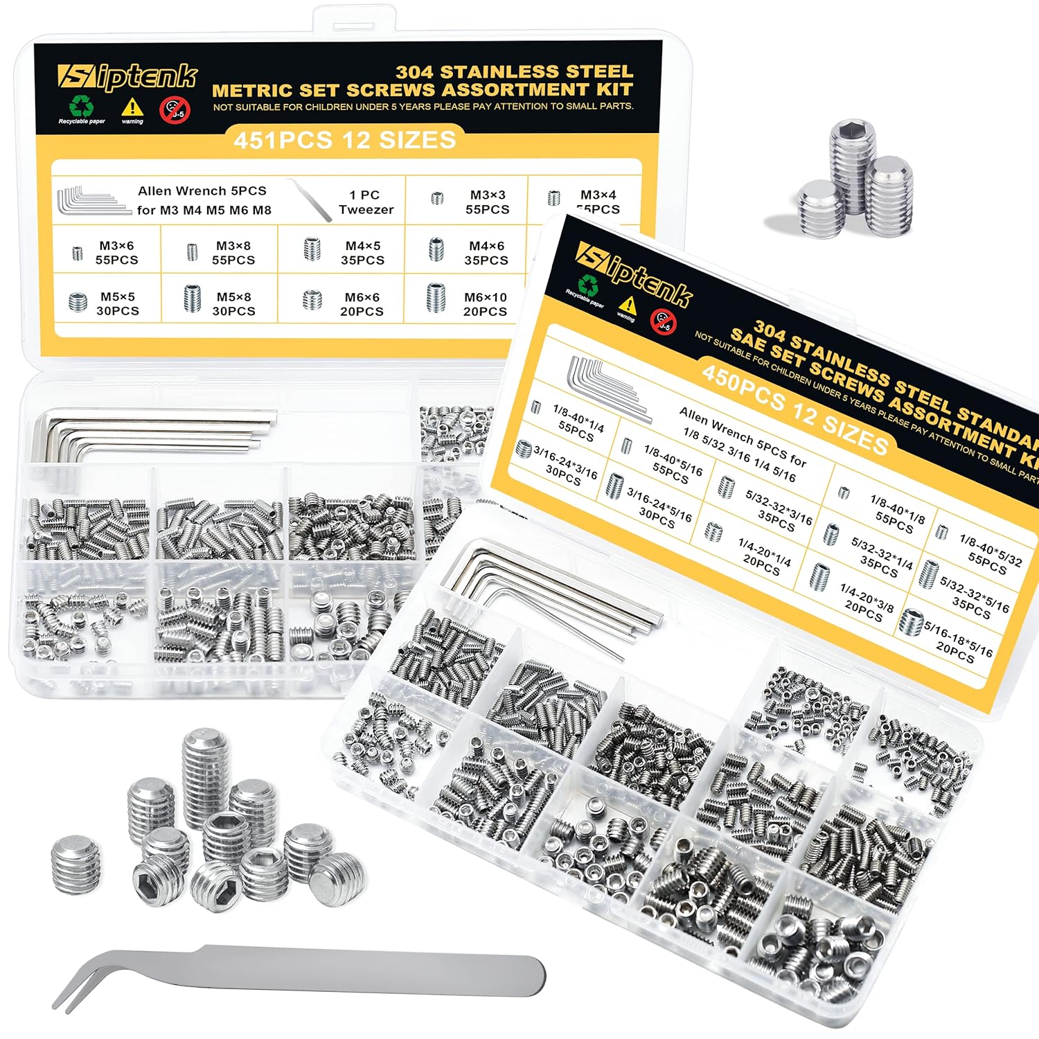 Siptenk 901PCS Set Screws Assortment Kit Metric & SAE, 304
