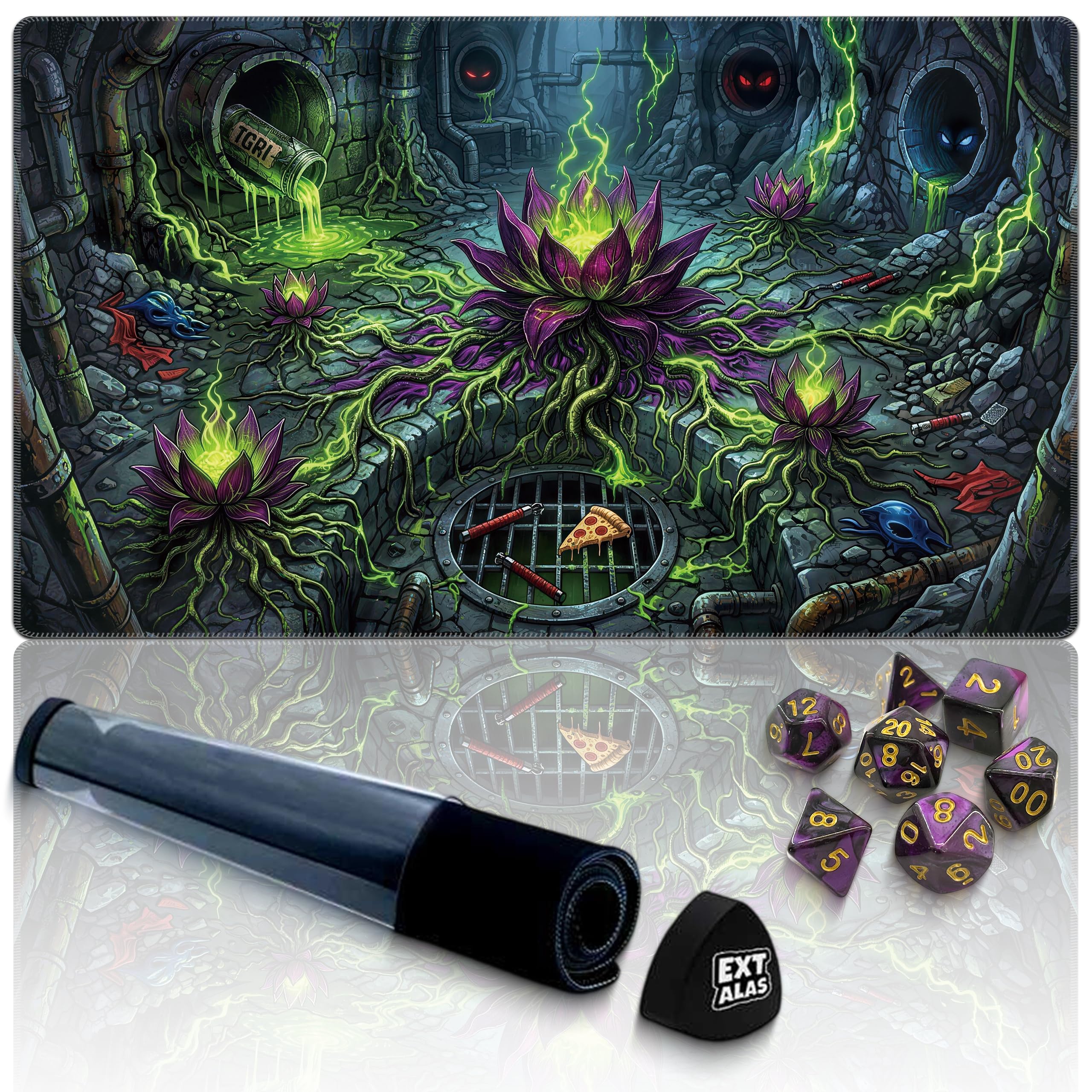 Extalas MTG Playmat with Storage Tube & 7-Dice Set - Waterproof TCG Playmat with Stitched Edges, Non-Slip Rubber Card Game Mat (24"x14") (playmat Without Zones, Mutant Lotus) โ image 1