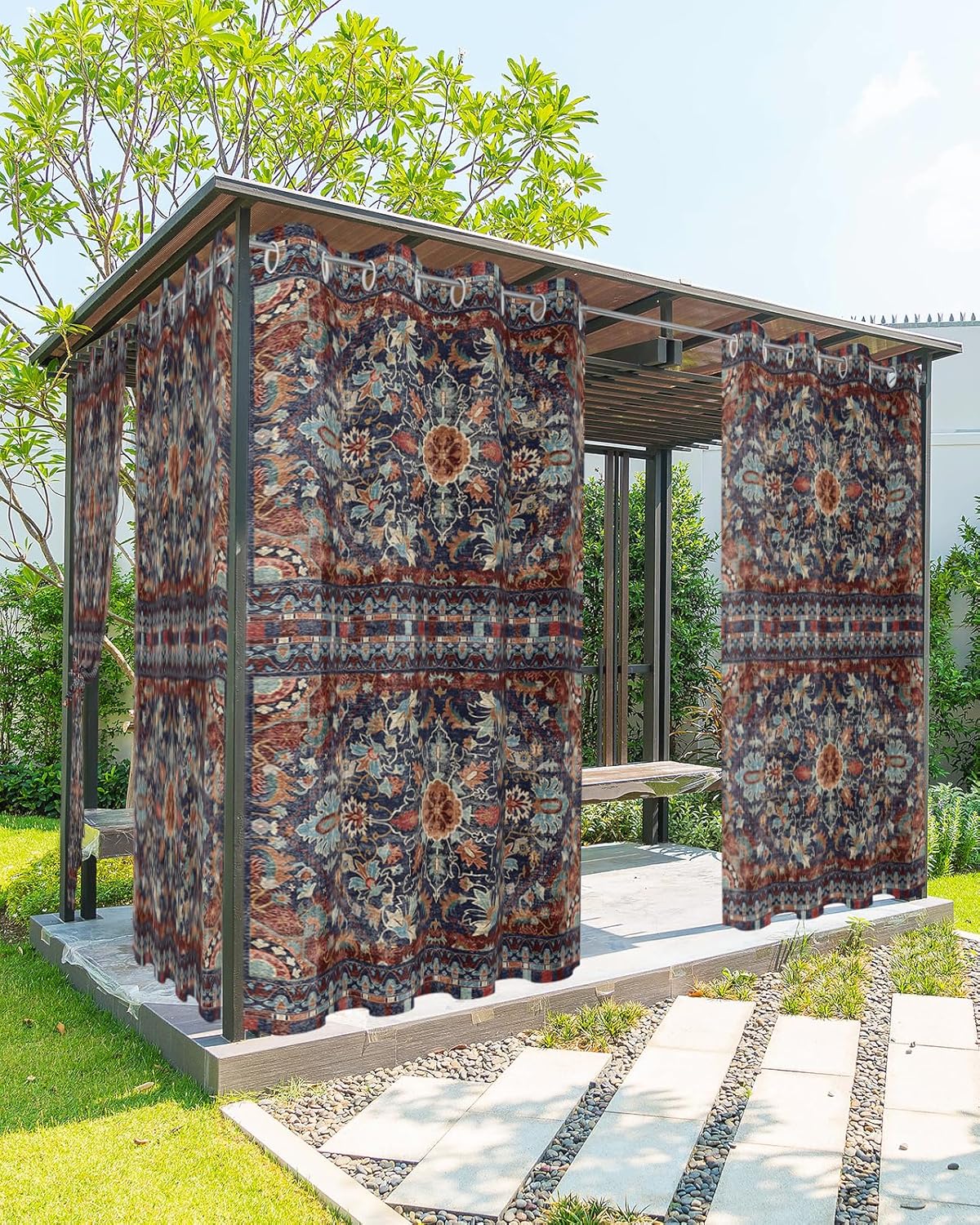 Boho Tribal Floral Outdoor Curtains for Patio Waterproof, Grommet Privacy Curtain Drapes Weatherproof Outside Curtains for Porch Cabana 2 Panel 54x84inch Vintage Bohemian Distressed Printed