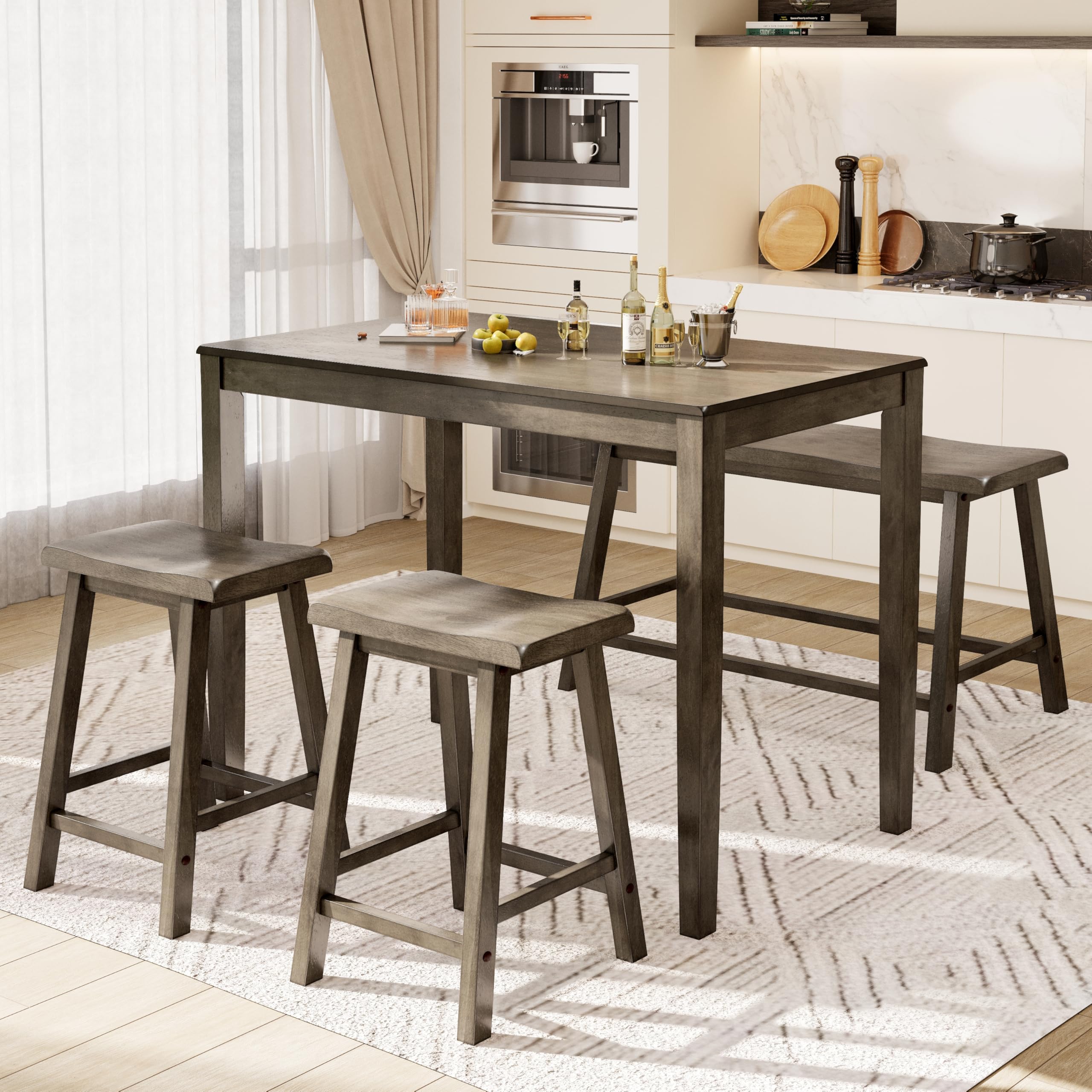 PHI VILLA Farmhouse Dining Table Set for 4, Smoky Brown