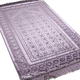 Modefa Velvet Prayer Rug - Soft Plush Turkish Janamaz Sajada Carpet for Men and Women - Plain Solid Prayer Mat Ramadan Eid Gift - with Prayer Beads - Luxury Floral Stamp (Lilac)