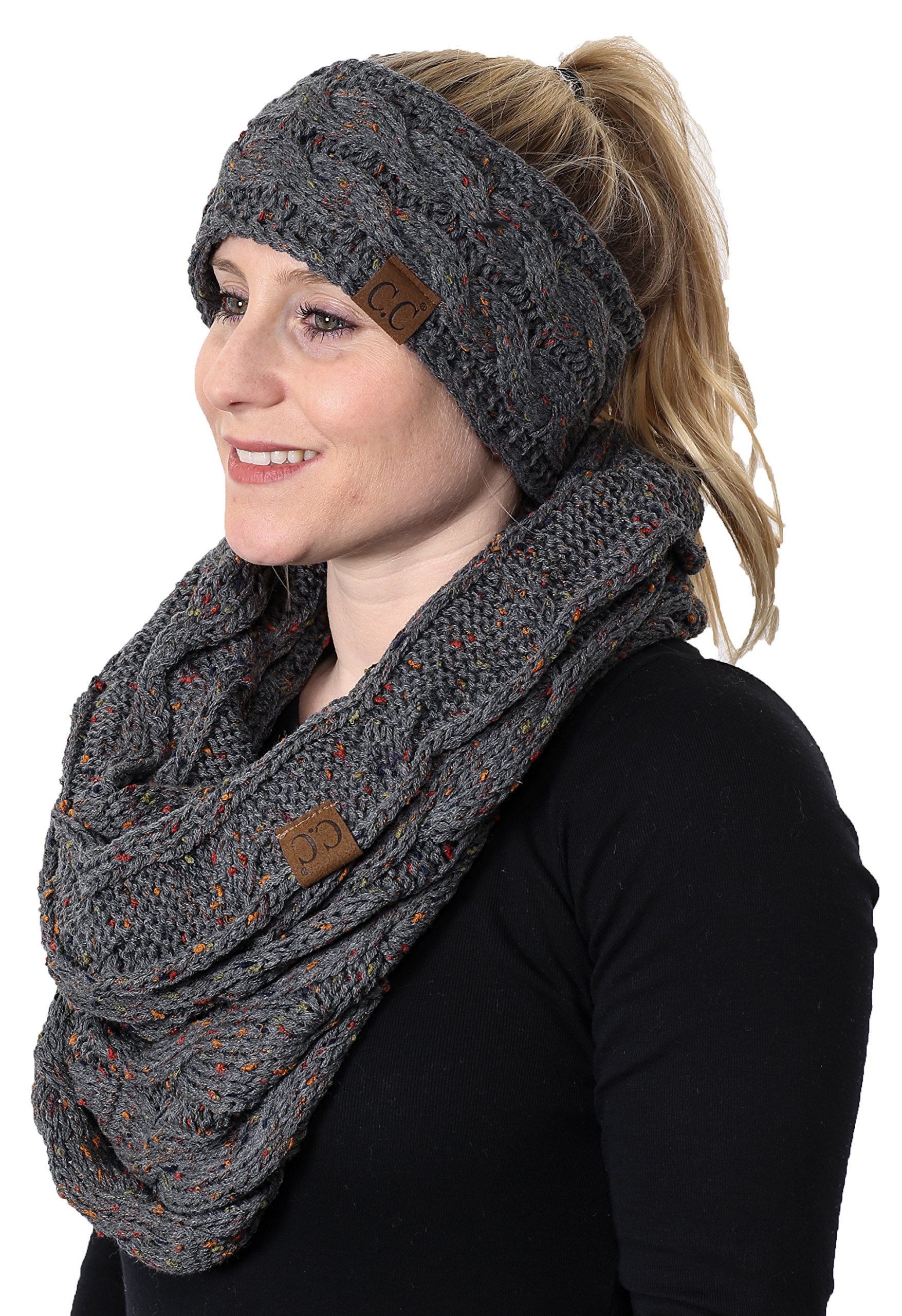 Funky JunqueCable Knit Fuzzy Lined Headwrap with Matching Infinity Scarf