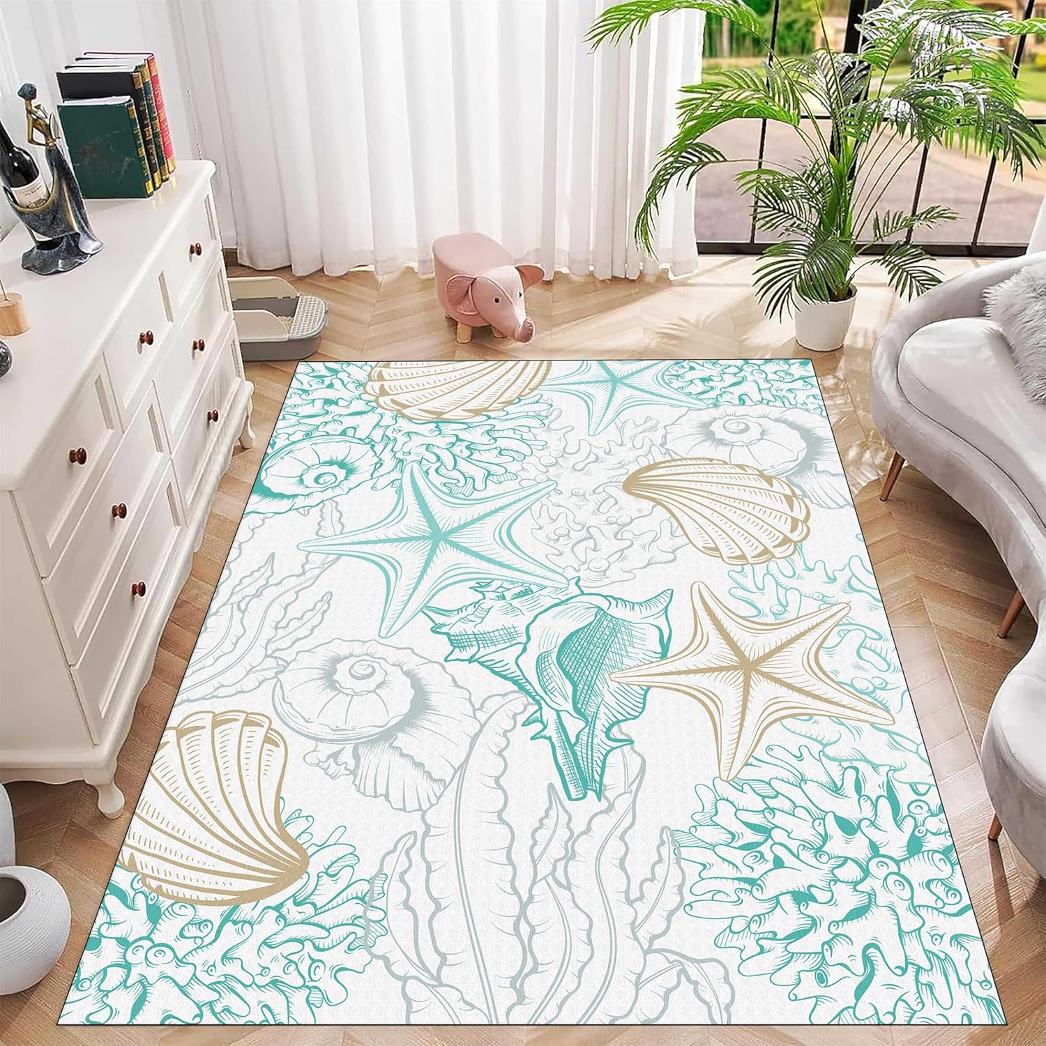 Coral Decorative Area Rugs Summer Deep Sea Ocean Theme Ocean Starfish Seashells Watercress Printed Mats Aqua Blue Carpets Bedroom Dorm Room Living Room Kids Room Quality Carpet 3x4ft