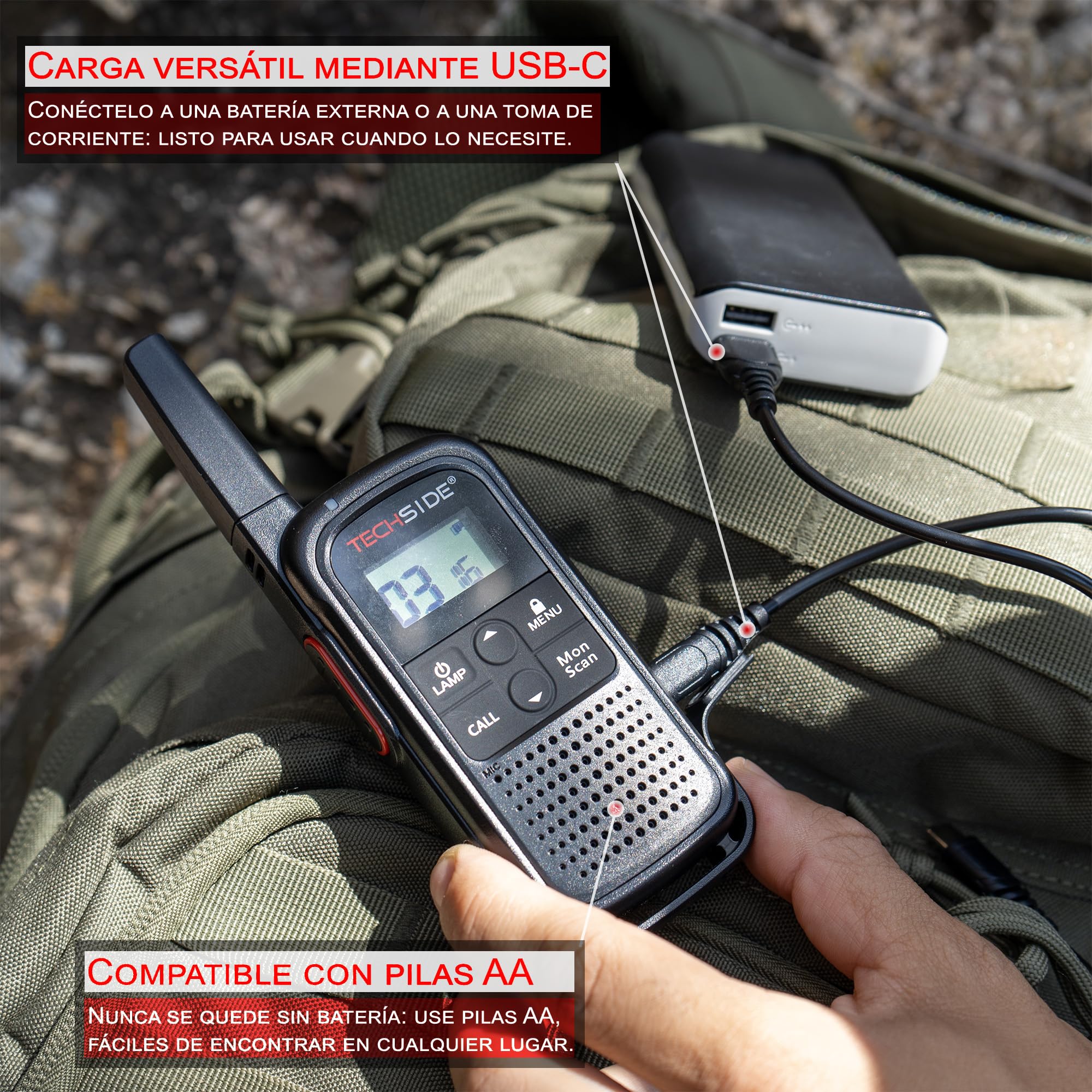 TechSide TS-T3 Go Walkie Talkie PMR446, 16 Canales, Alcance de 10 km, Carga USB-C, con Linterna LED, 6 Unidades