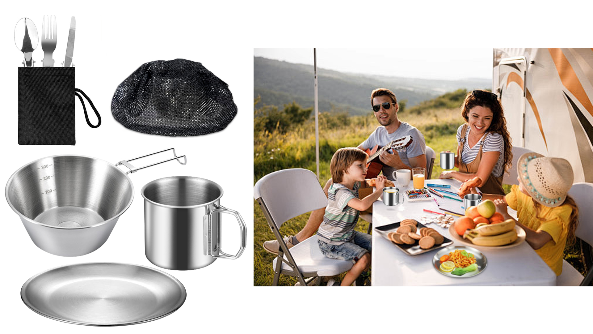 Set Posate Da Campeggio In Acciaio Inox Pieghevole - 8 Pezzi Con Borsa, Per Picnic, Trekking, Viaggi - Foto 6