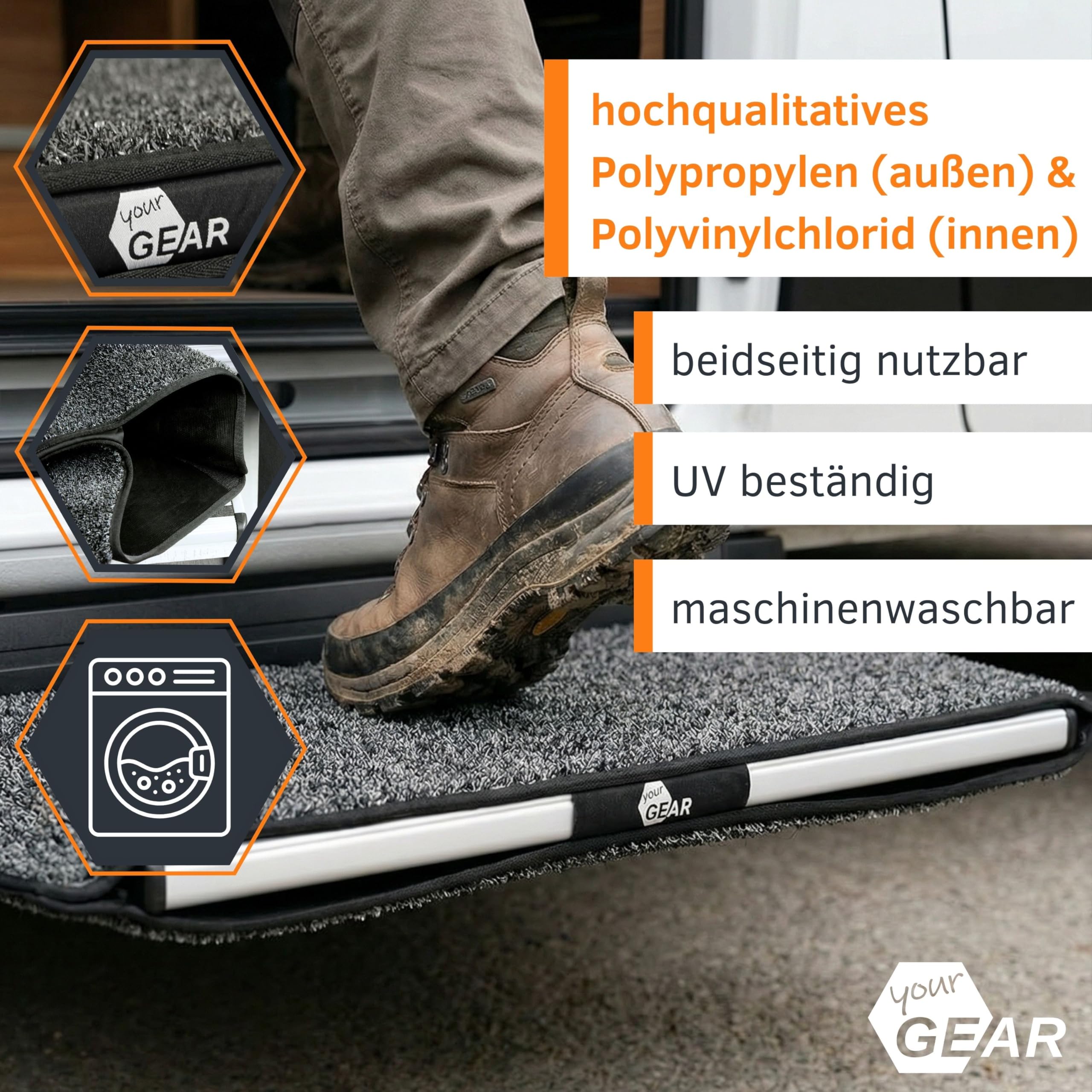 your GEAR Mantua Trittstufenmatte für Wohnmobil & Wohnwagen – Fußmatte für elektrische Stufe 70,5 x 26 cm – Schutzmatte Caravan Stufen-Teppich – rutschfest & Waschbar – Ohne Bohren