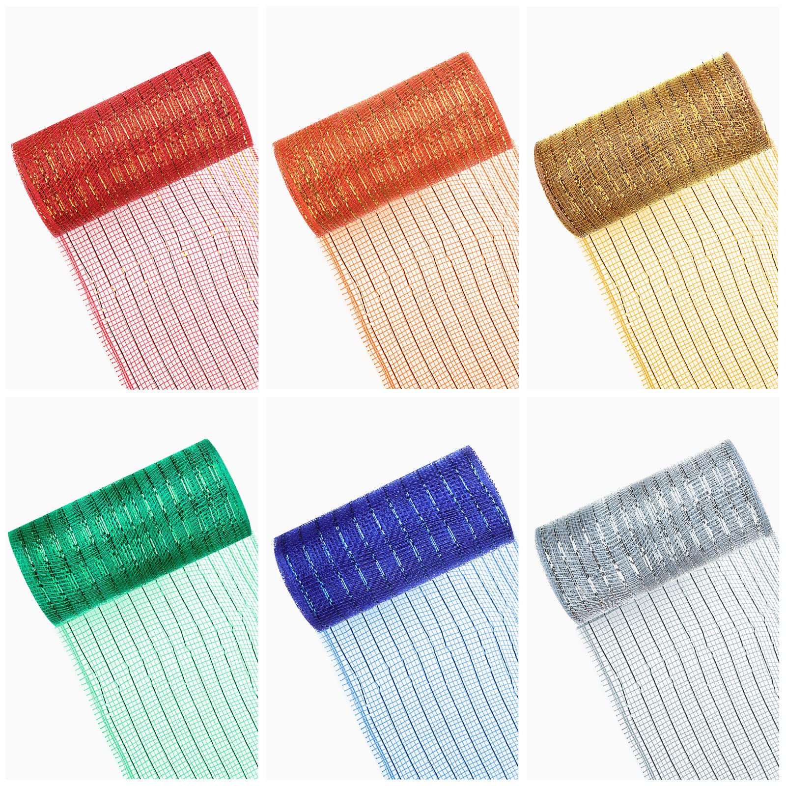 LOLYSIC 6 Pack Deco Mesh Rolls, 15x9cm / 6"x10yd Poly Mesh Ribbon Roll, Decorative Metallic Deco Mesh Ribbon for Halloween Christmas Wreaths Making, Gift Wrapping, Swags Bows, DIY Craft