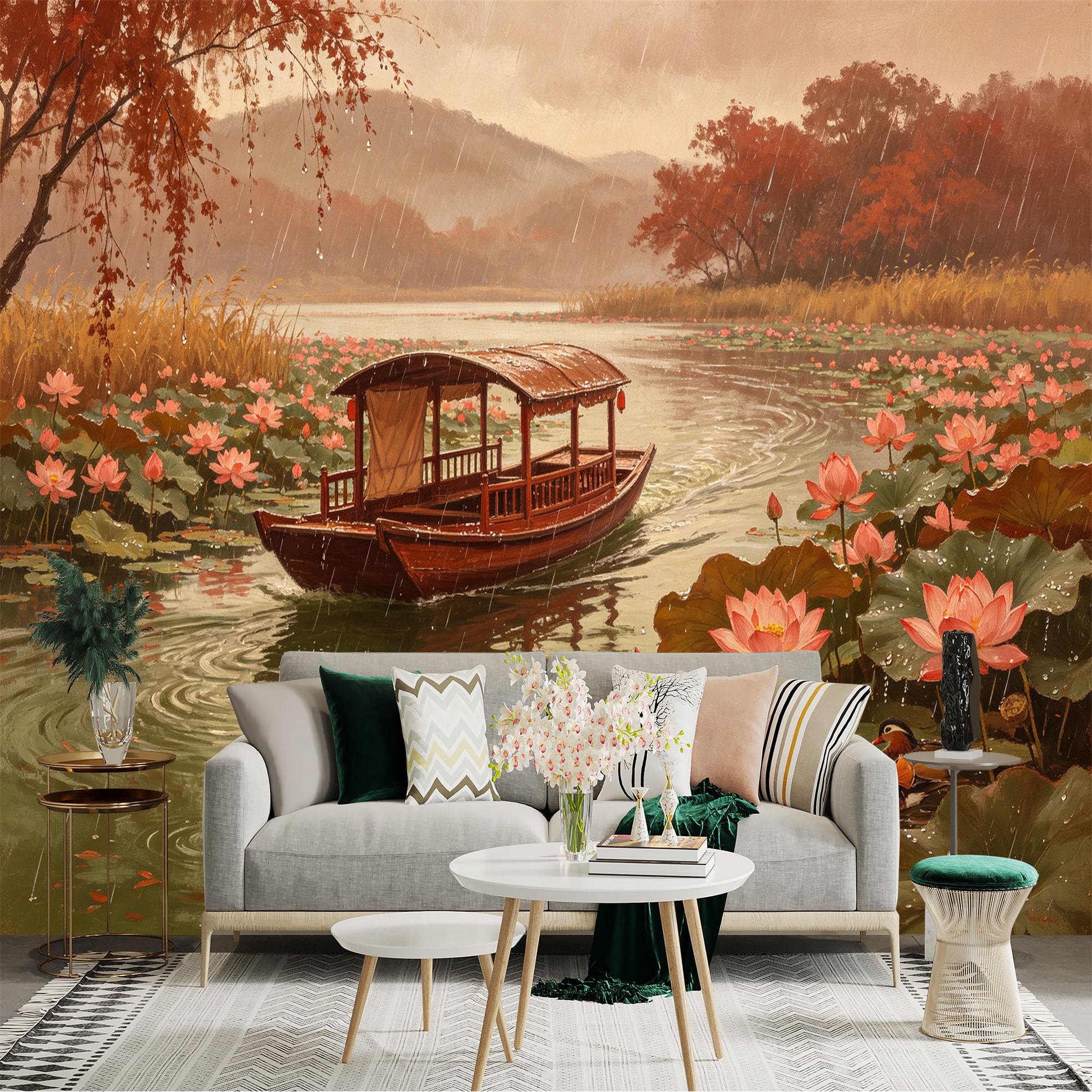 Custom Size Wall Sticker Mural， Traditional Wooden Boat on Lotus Pond， Rainy Autumn Scenery with Waterfowl， for wall Decoration， peelandstick wall Decals.