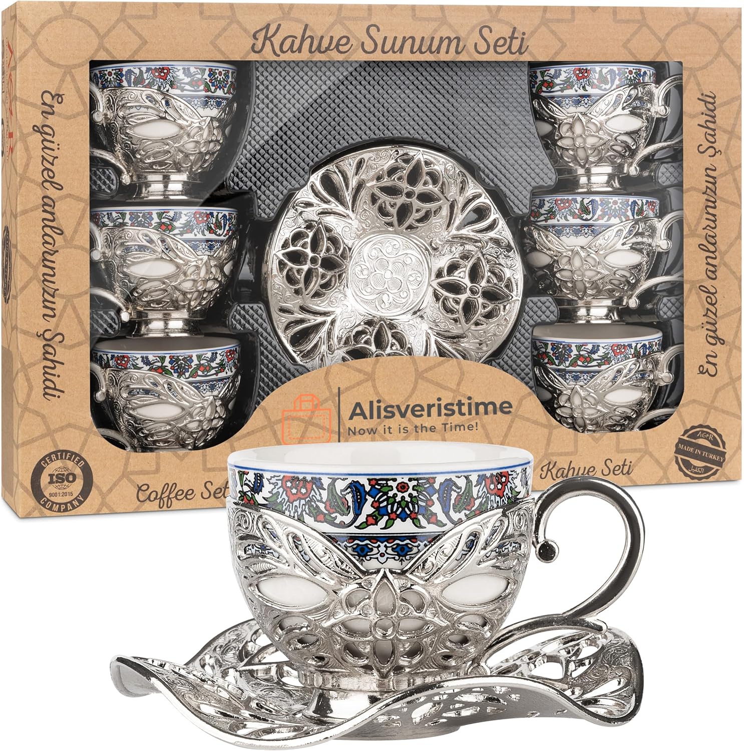 Alisveristime Turkish Coffee Set for Six, 6 Topkapi Design Porcelain Cups with Zamac Holders and Saucers, Two Color Variations: Gold and Silver (Topkapi-Design) (Silver)