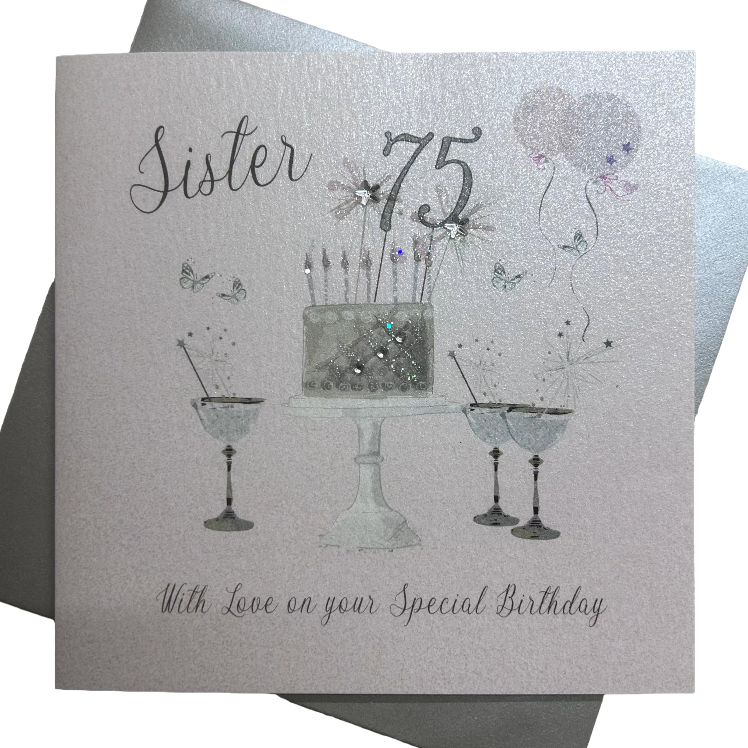 WHITE COTTON CARDS Happy 75th Birthday Card Sister Champagne Glasses Pink Roses SS42-S75,16cm x 16cm