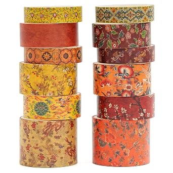 12 Rolls Chinoiserie Washi Tape Set Chinese Arts Adhesive Tapes Geometric Garden Decorative Masking Tape Sets for Craft, Kids, Scrapbook, DIY, Gift Wrapping Ode to The River