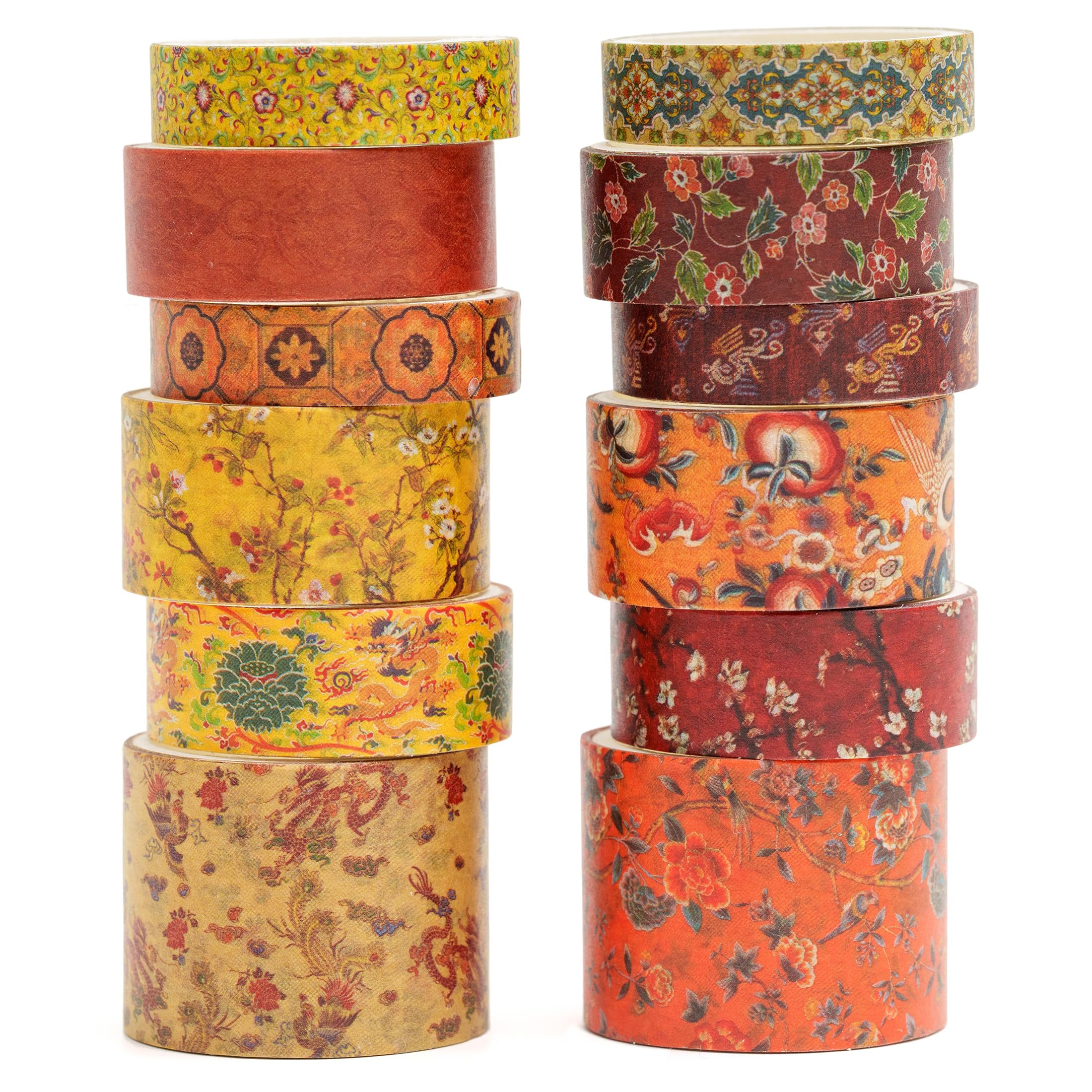 Songdao 12 Rolls Chinoiserie Washi Tape Set Chinese Arts Adhesive Tapes Geometric Garden Decorative Masking Tape Sets for Craft, Kids, Scrapbook, DIY, Gift Wrapping (Ode to The River)