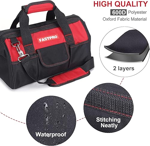 Miniatura 2 de FASTPRO Bolsa de herramientas de almacenamiento abierta de boca ancha con cremallera de 14 pulgadas, diseño clásico negro y rojo, diseño de moda,