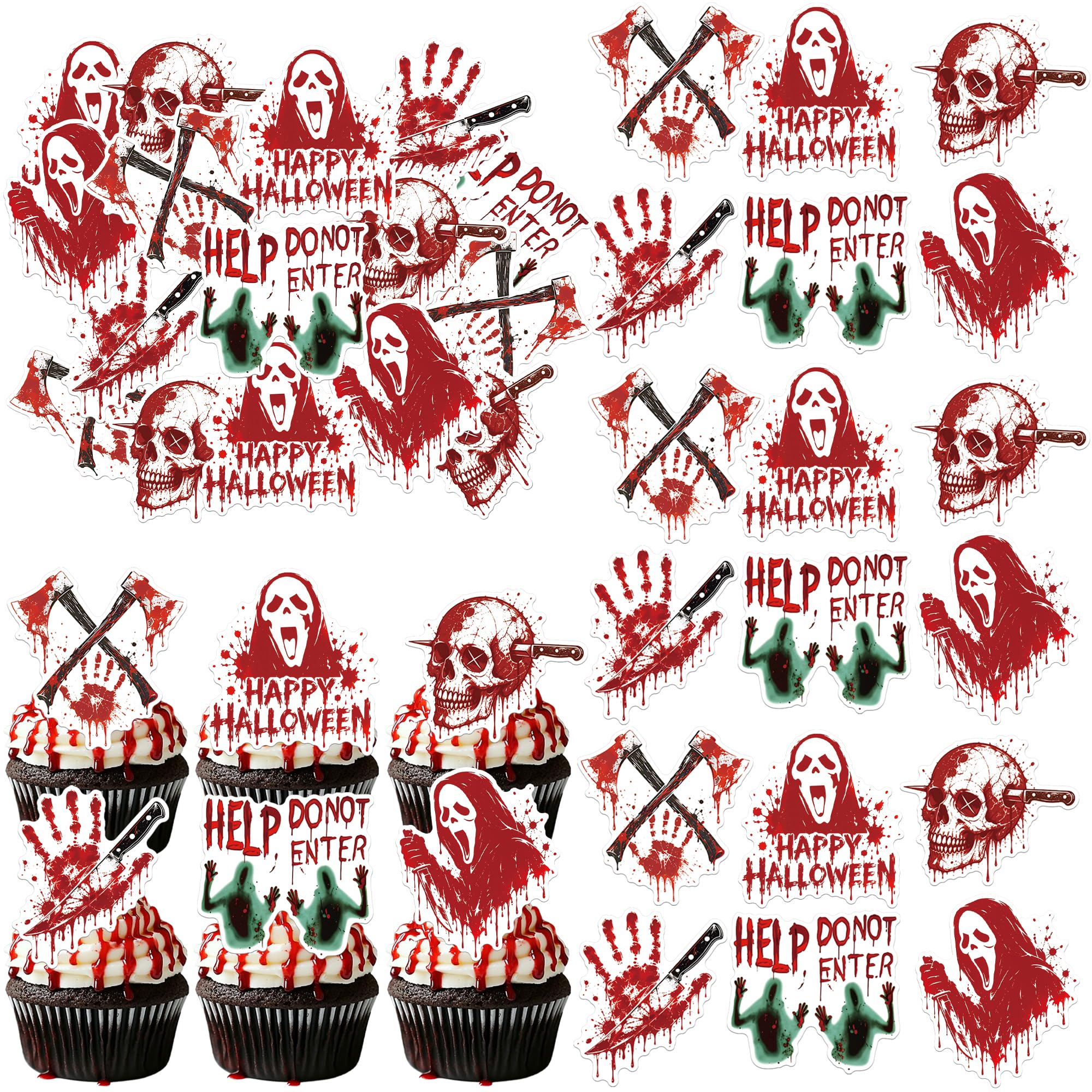 Xsstarmi 60 Pack Edible Happy Halloween Cupcake Toppers Horror Blood Cupcake Picks Have a Killer Birthday Cake Decorations for Horror Movie Birthday Halloween Party Supplies — image 1