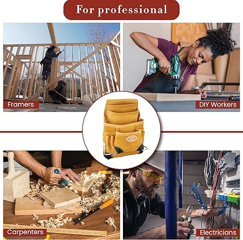 Vista 20 de Style n Craft Bolsa de herramientas y uñas de carpintero de 10 bolsillos con clip para cinta, bolsa de cuero de alta resistencia, bolsa de cuero
