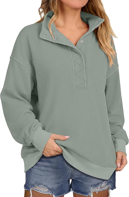 ANRABESS Sweatshirt for Women Waffle Knit Henley Pullover Tops Green